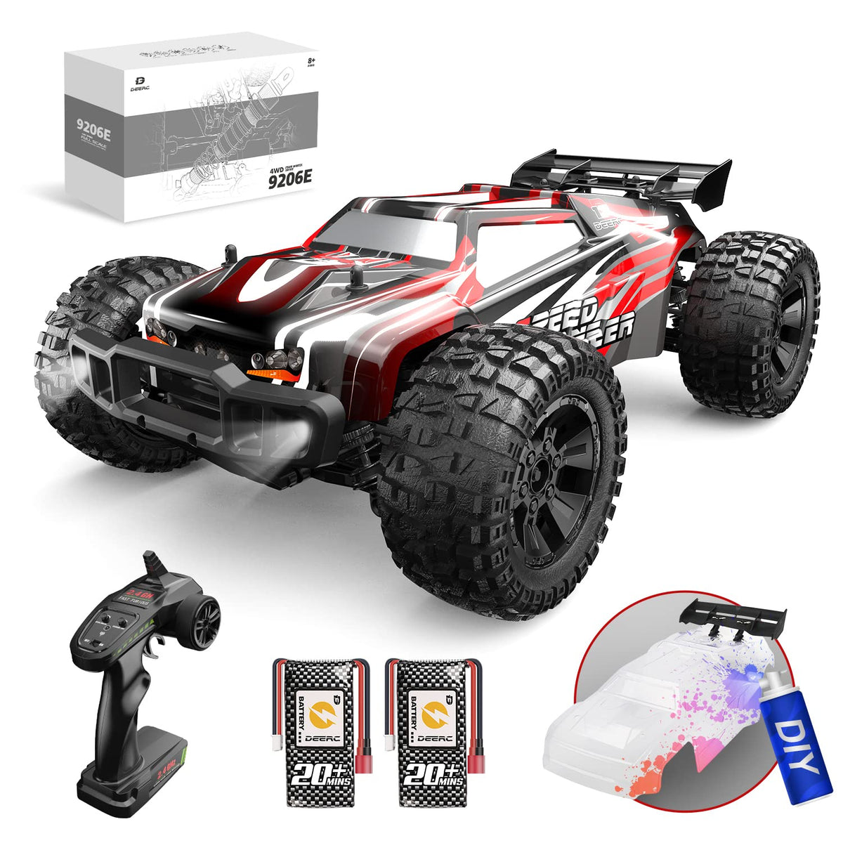 DEERC 9206E DIY Extra Shell 1:10 Scale Large RC Cars,48+ KM/H Hobby Grade  High Speed Remote Control Car for Adults Boys,All Terrain 4WD 2.4GHz Off