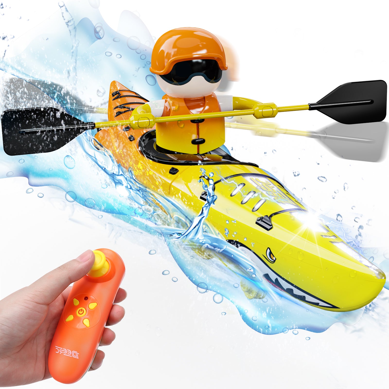 DEERC RC Kayak Boat for Kids,2.4 Ghz Remote Control Shark Boat Toys W/LED Light for Pools,Lake,Bathtub Never Capsize Summer Outdoor Water Toys Gift for Ages 4-8 Boys Girls