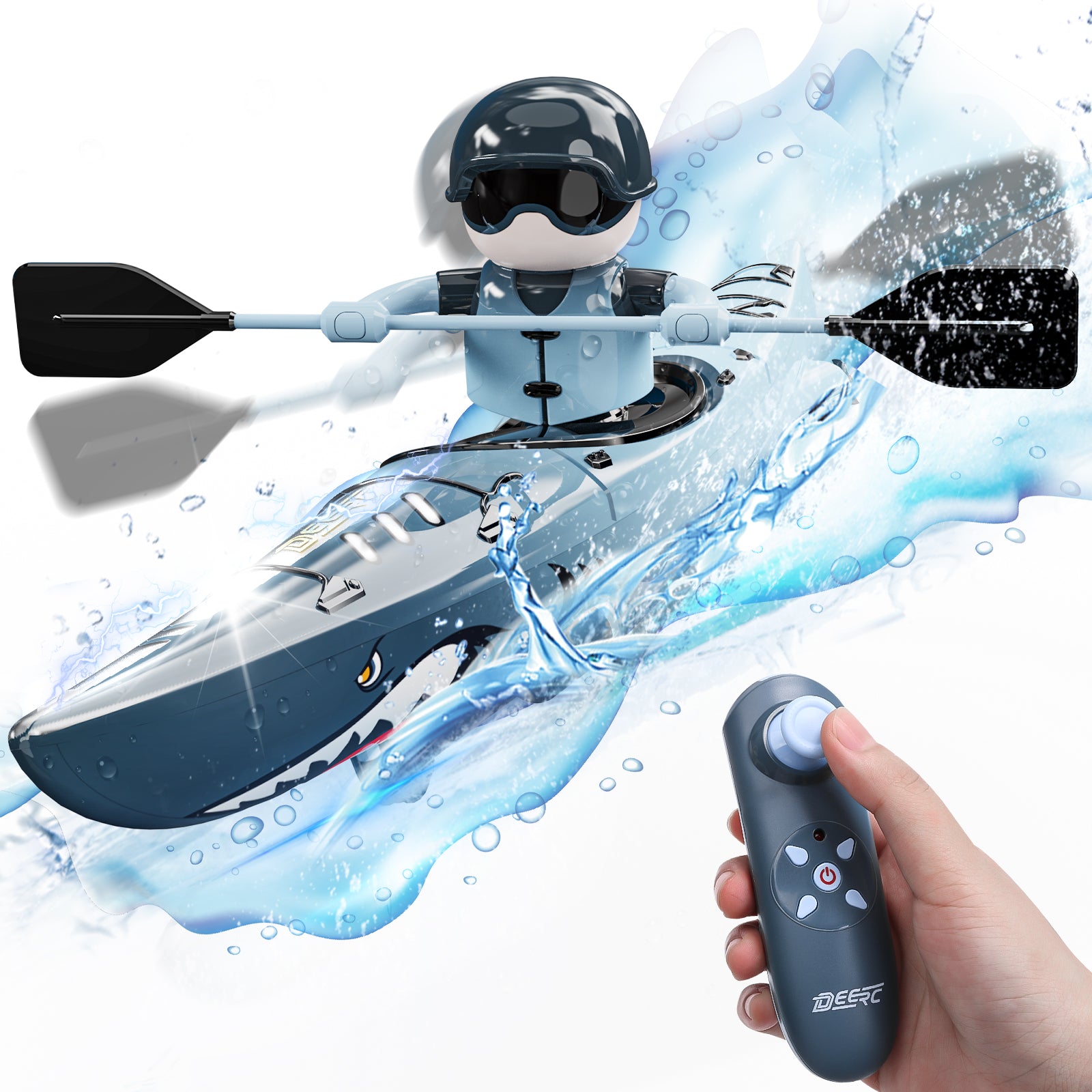 DEERC RC Kayak Boat for Kids,2.4 Ghz Remote Control Shark Boat Toys W/LED Light for Pools,Lake,Bathtub Never Capsize Summer Outdoor Water Toys Gift for Ages 4-8 Boys Girls