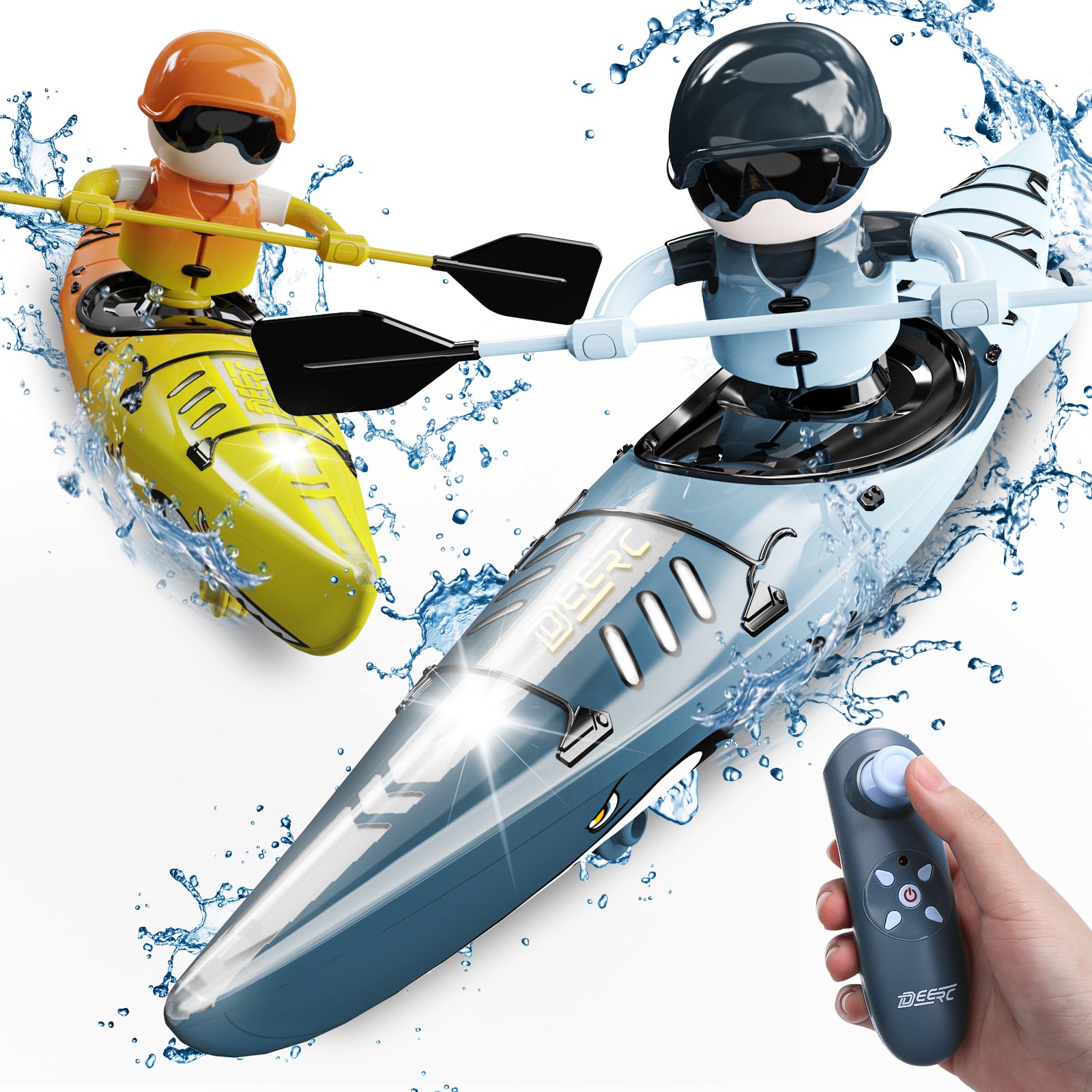 DEERC RC Kayak Boat for Kids,2.4 Ghz Remote Control Shark Boat Toys W/LED Light for Pools,Lake,Bathtub Never Capsize Summer Outdoor Water Toys Gift for Ages 4-8 Boys Girls