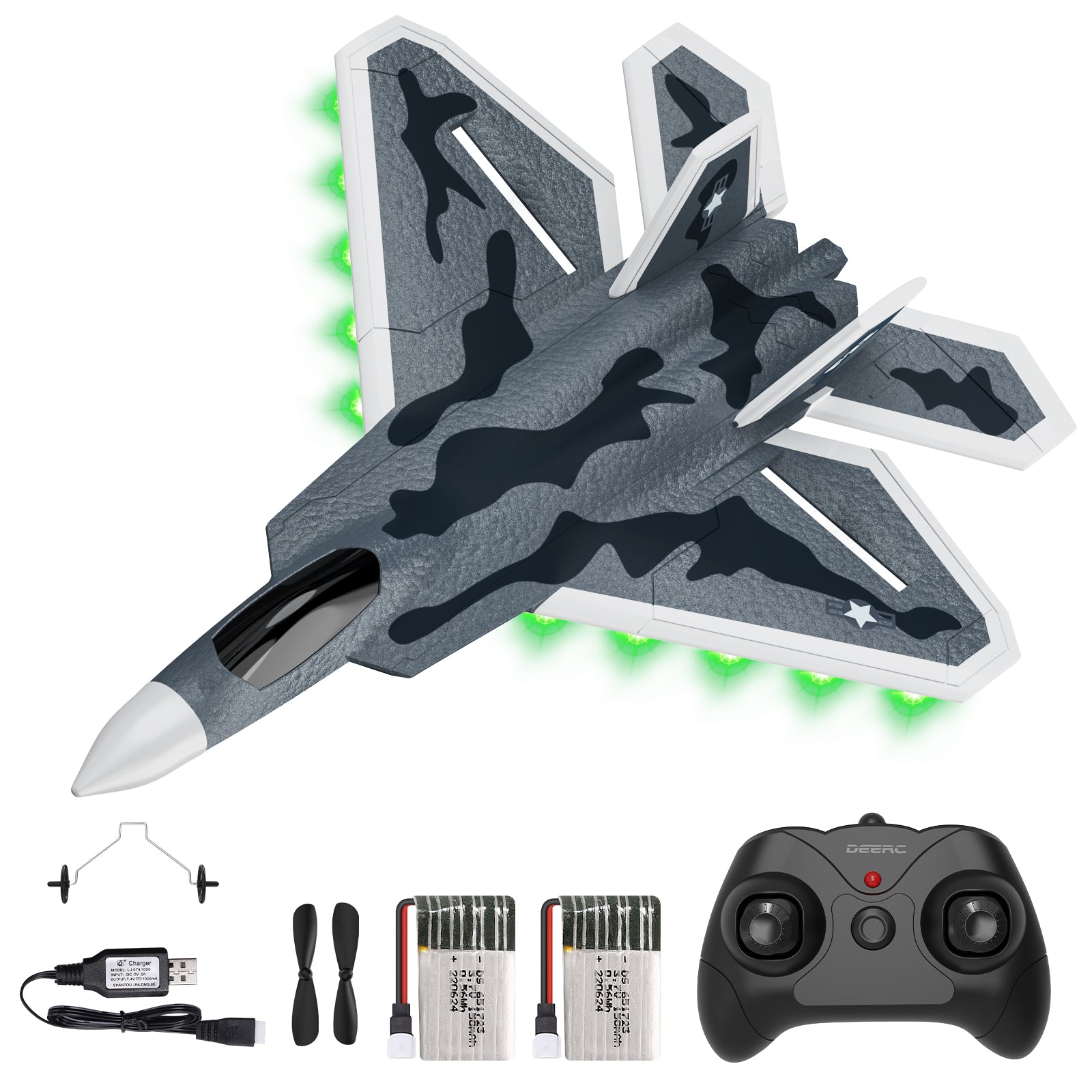 DEERC 2CH F22 Raptor RC Plane wiht Lights,Remote Control Airplane Fighter Toys,2.4GHz 6-axis Gyro Stabilizer RTF Glider Aircraft Jet Plane with 2 Batteries,Easy to Fly for Kids Beginners Boys