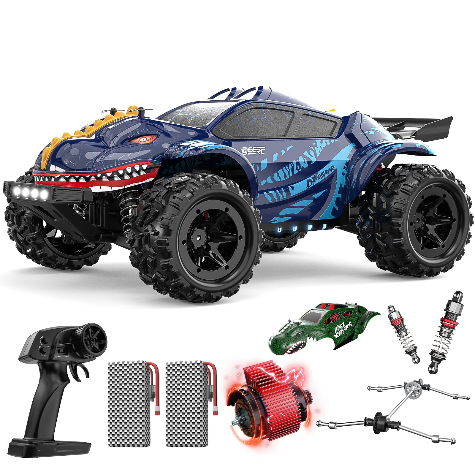 DEERC 9308E 1:16 Fast RC Cars for Boys Age 8-12 RC Monster Truck 40 KPH,All Terrain 4WD High Speed Dinosaur Truck 2 Car Shell,2.4Ghz Off-Road Remote Control Cars with 2 Batteries, Toy Gift for Kids