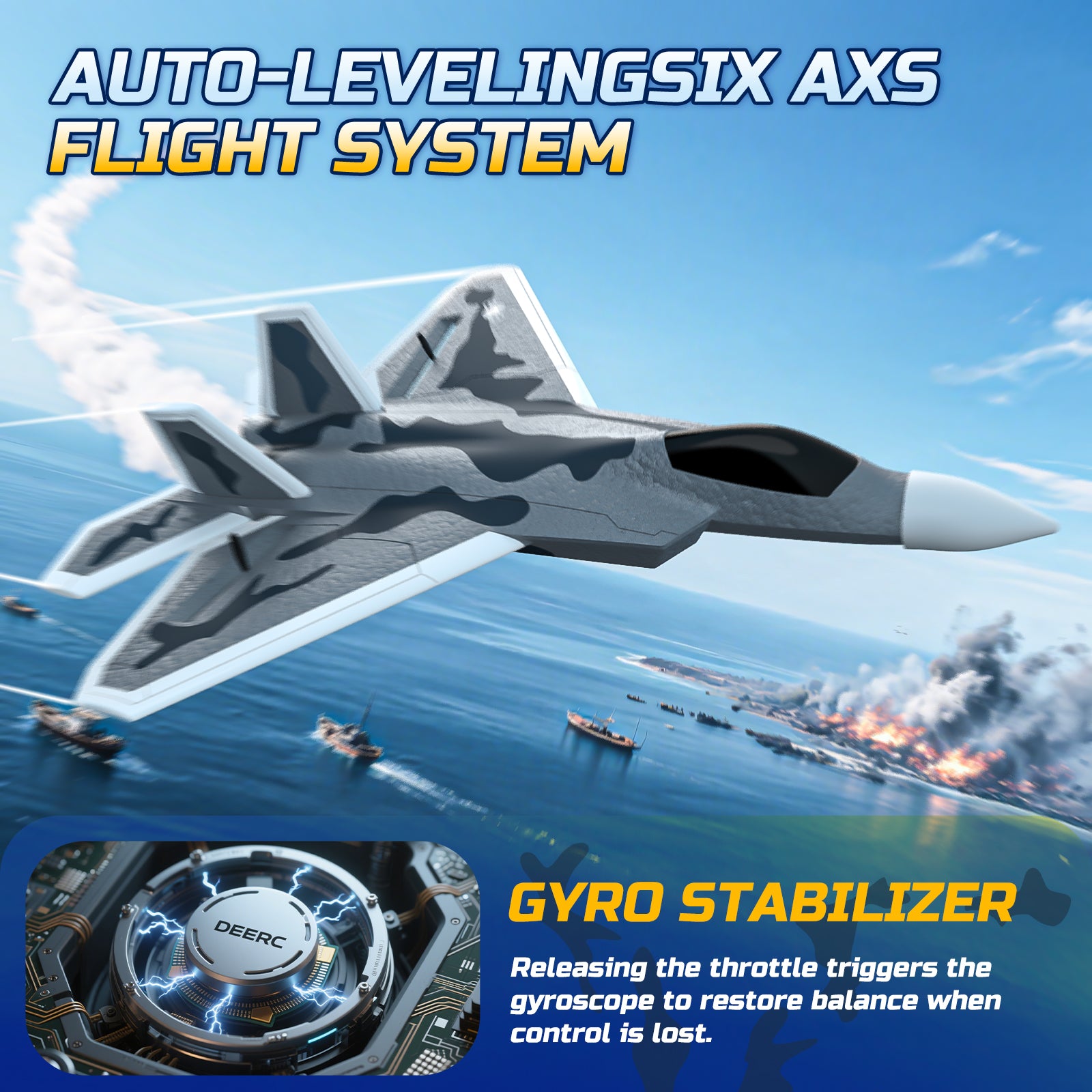 DEERC 2CH F22 Raptor RC Plane wiht Lights,Remote Control Airplane Fighter Toys,2.4GHz 6-axis Gyro Stabilizer RTF Glider Aircraft Jet Plane with 2 Batteries,Easy to Fly for Kids Beginners Boys