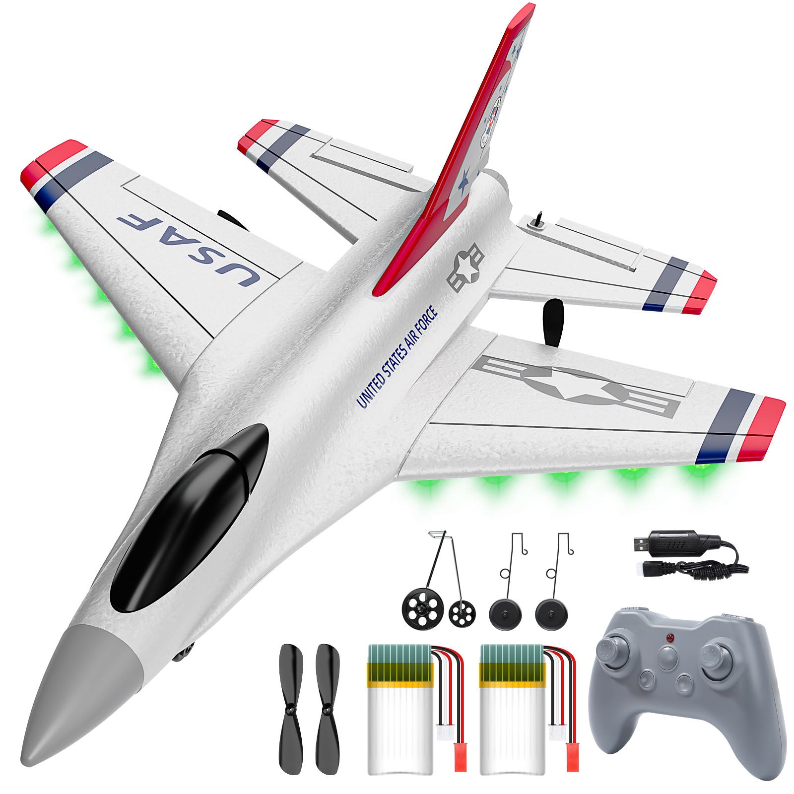 DEERC F16 Thunderbirds RC Plane,3CH Remote Control Airplane Fighter Toys,2.4GHz 6-axis Gyro Stabilizer RTF Glider Aircraft Plane with 2 Batteries,Easy to Fly for Beginners Kids Adults