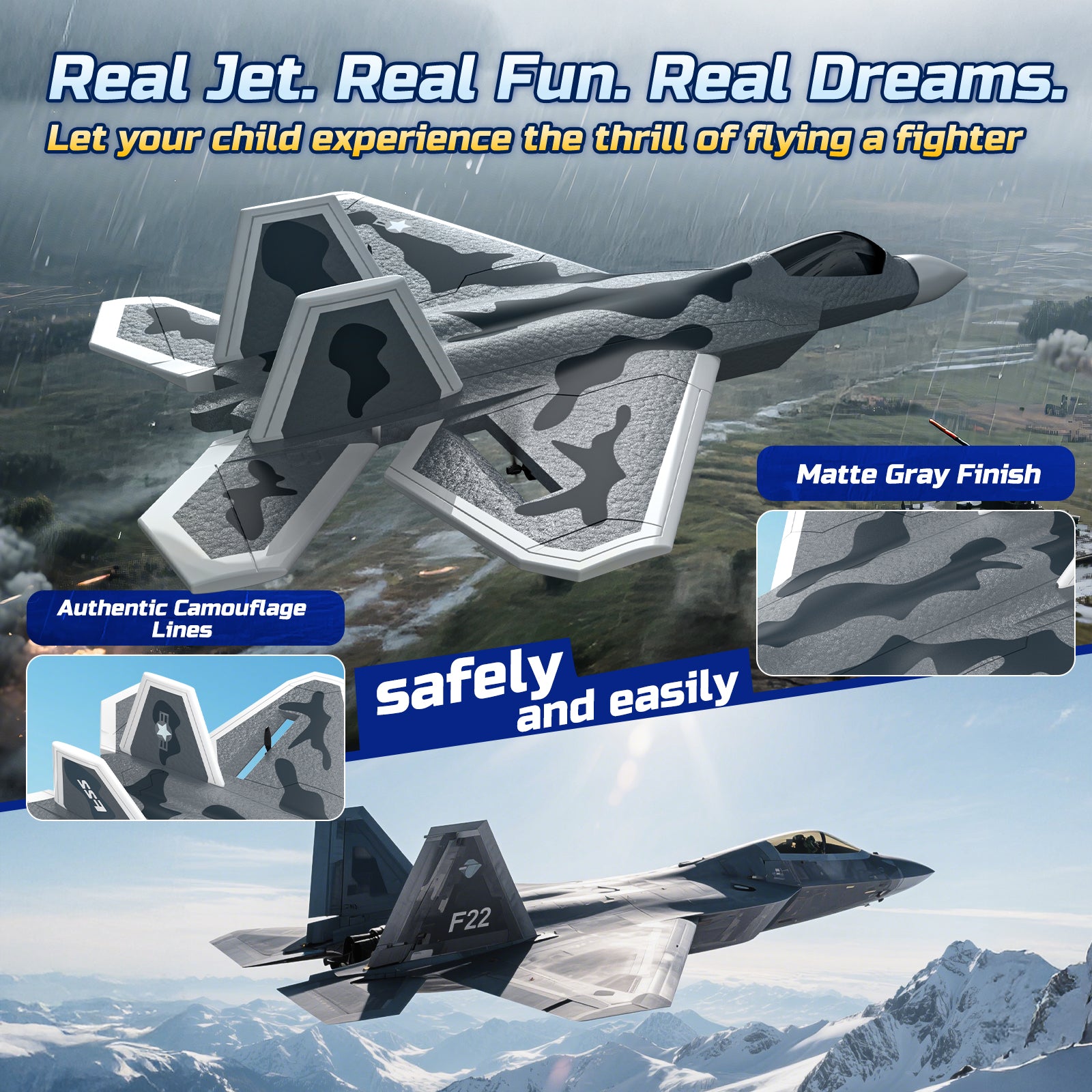 DEERC 2CH F22 Raptor RC Plane wiht Lights,Remote Control Airplane Fighter Toys,2.4GHz 6-axis Gyro Stabilizer RTF Glider Aircraft Jet Plane with 2 Batteries,Easy to Fly for Kids Beginners Boys