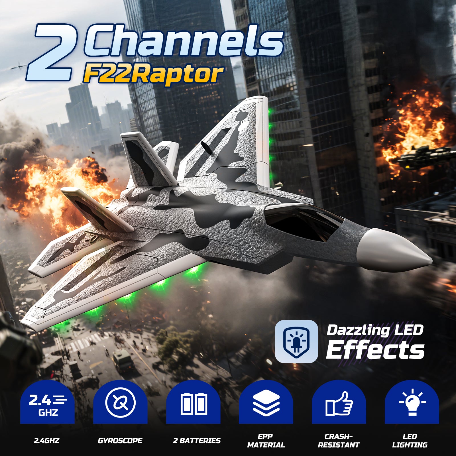 DEERC 2CH F22 Raptor RC Plane wiht Lights,Remote Control Airplane Fighter Toys,2.4GHz 6-axis Gyro Stabilizer RTF Glider Aircraft Jet Plane with 2 Batteries,Easy to Fly for Kids Beginners Boys