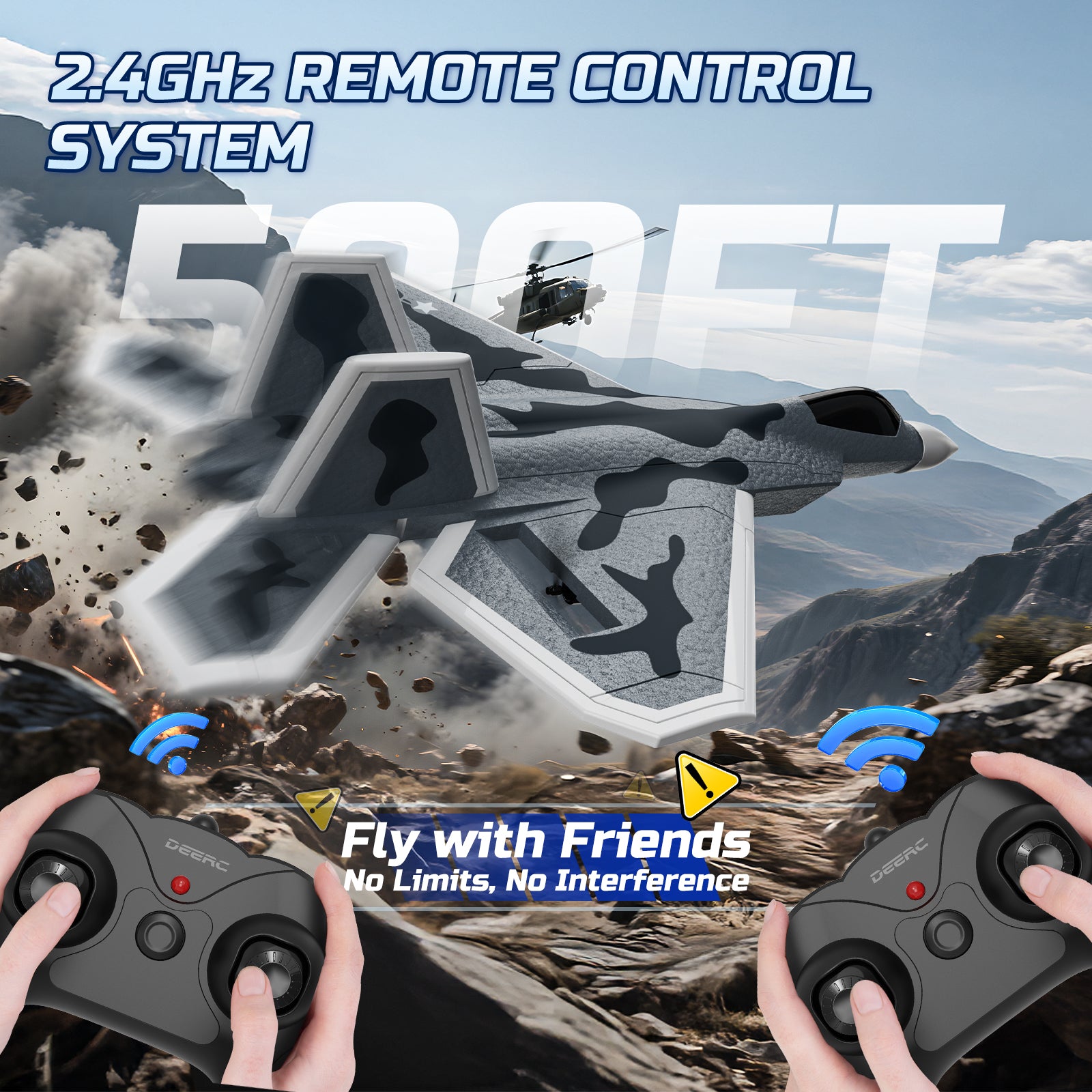 DEERC 2CH F22 Raptor RC Plane wiht Lights,Remote Control Airplane Fighter Toys,2.4GHz 6-axis Gyro Stabilizer RTF Glider Aircraft Jet Plane with 2 Batteries,Easy to Fly for Kids Beginners Boys