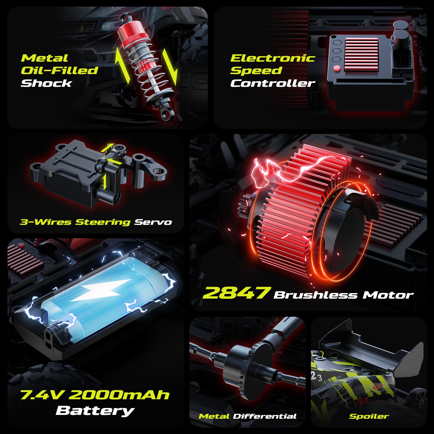 DEERC Brushless RC Car for Adults 1:14, Max 43mph RC Truck, 4WD Off-Road Monster Truck with 7-Color Lights & 3 Light Modes, Metal Oil Shocks, 2*7.4V Batteries, All-Metal Drivetrain, Compatible 3S Lipo
