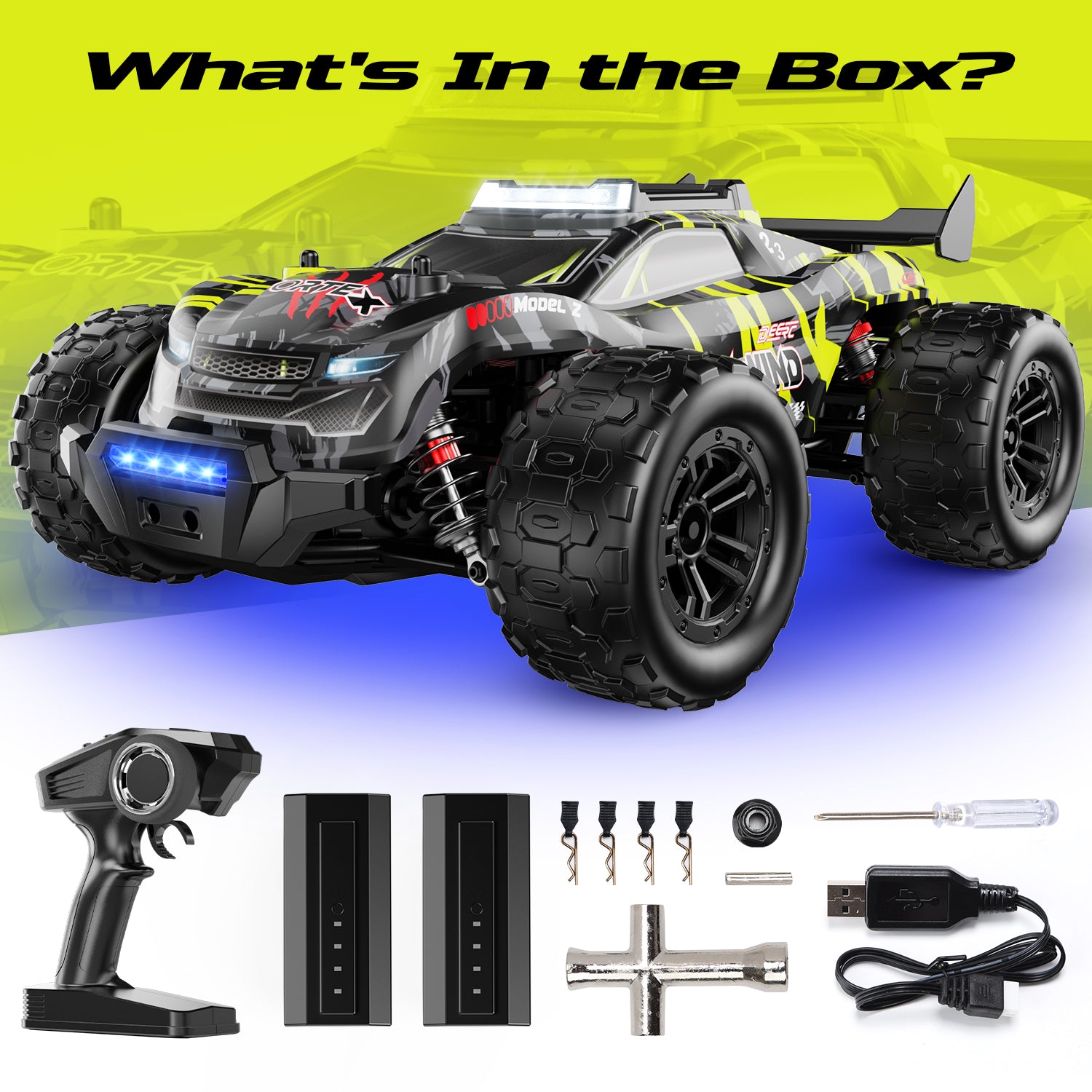 DEERC Brushless RC Car for Adults 1:14, Max 43mph RC Truck, 4WD Off-Road Monster Truck with 7-Color Lights & 3 Light Modes, Metal Oil Shocks, 2*7.4V Batteries, All-Metal Drivetrain, Compatible 3S Lipo