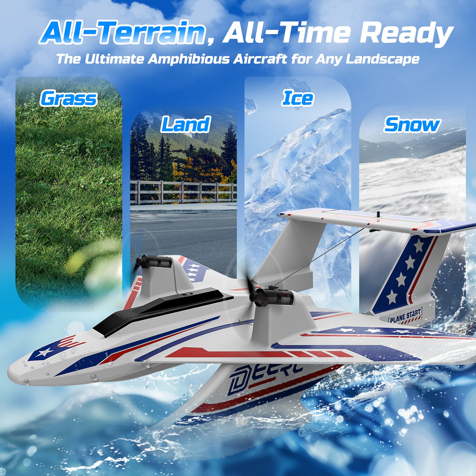 DEERC 3CH Amphibious RC Plane for Water, Land & Air, Remote Control Airplane Flying Boat Toys,2.4GHz 6-axis Gyro Stabilizer RTF Glider Aircraft Jet for Kids Adults Beginners Boys