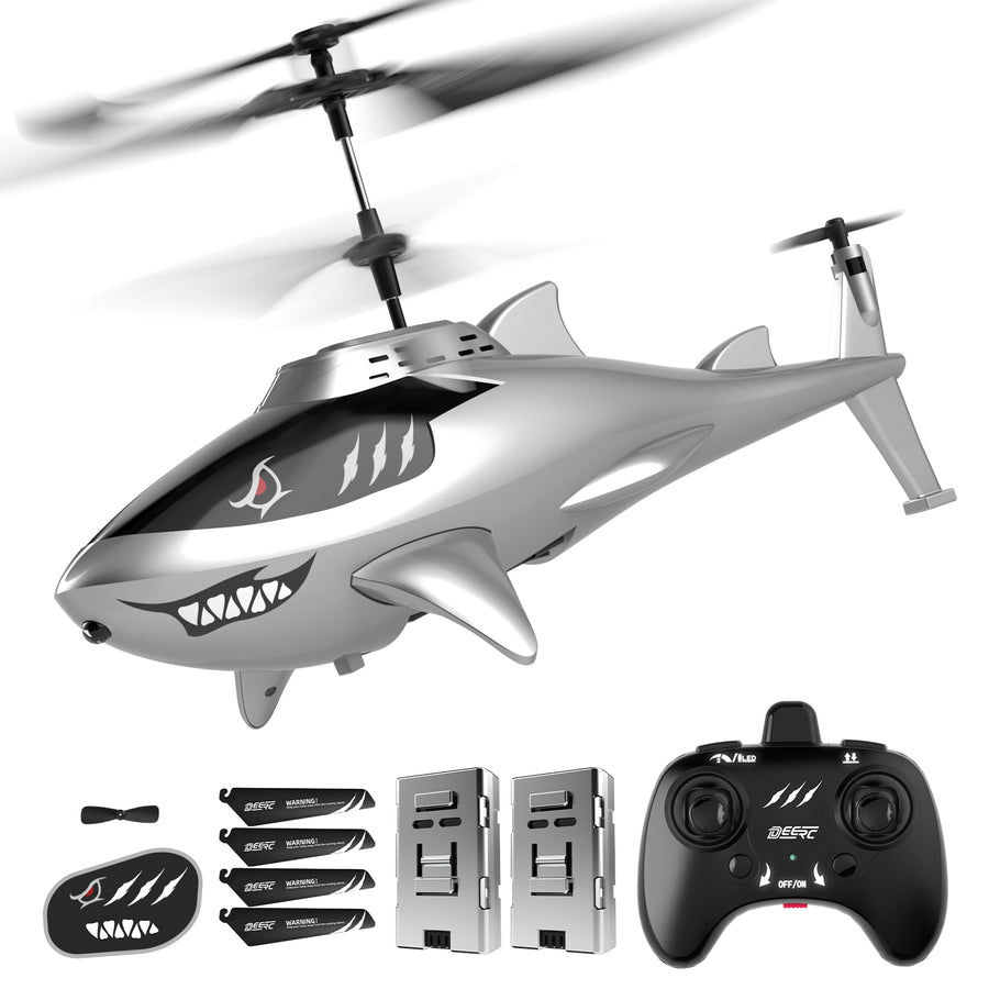 DEERC SQN005 RC Helicopter for Kids, Remote Control Helicopter, Unique Design Shark Toy Helicopter with 26 Mins Flight (2 Batteries), LED Lights, Altitude Hold, Birthday Idea for Boys 8-12