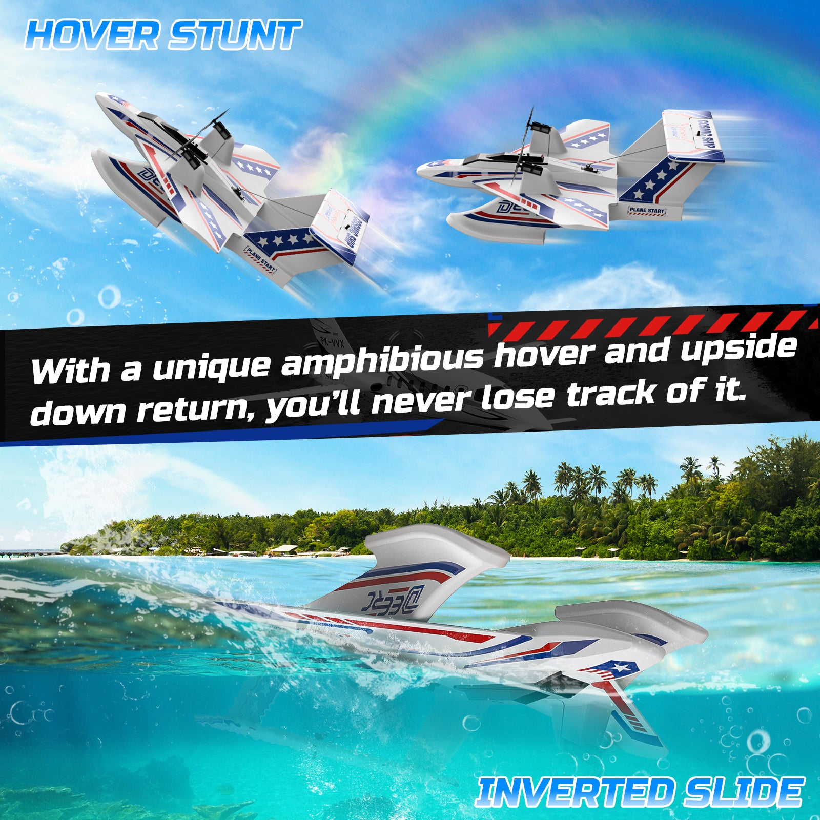 DEERC 3CH Amphibious RC Plane for Water, Land & Air, Remote Control Airplane Flying Boat Toys,2.4GHz 6-axis Gyro Stabilizer RTF Glider Aircraft Jet for Kids Adults Beginners Boys