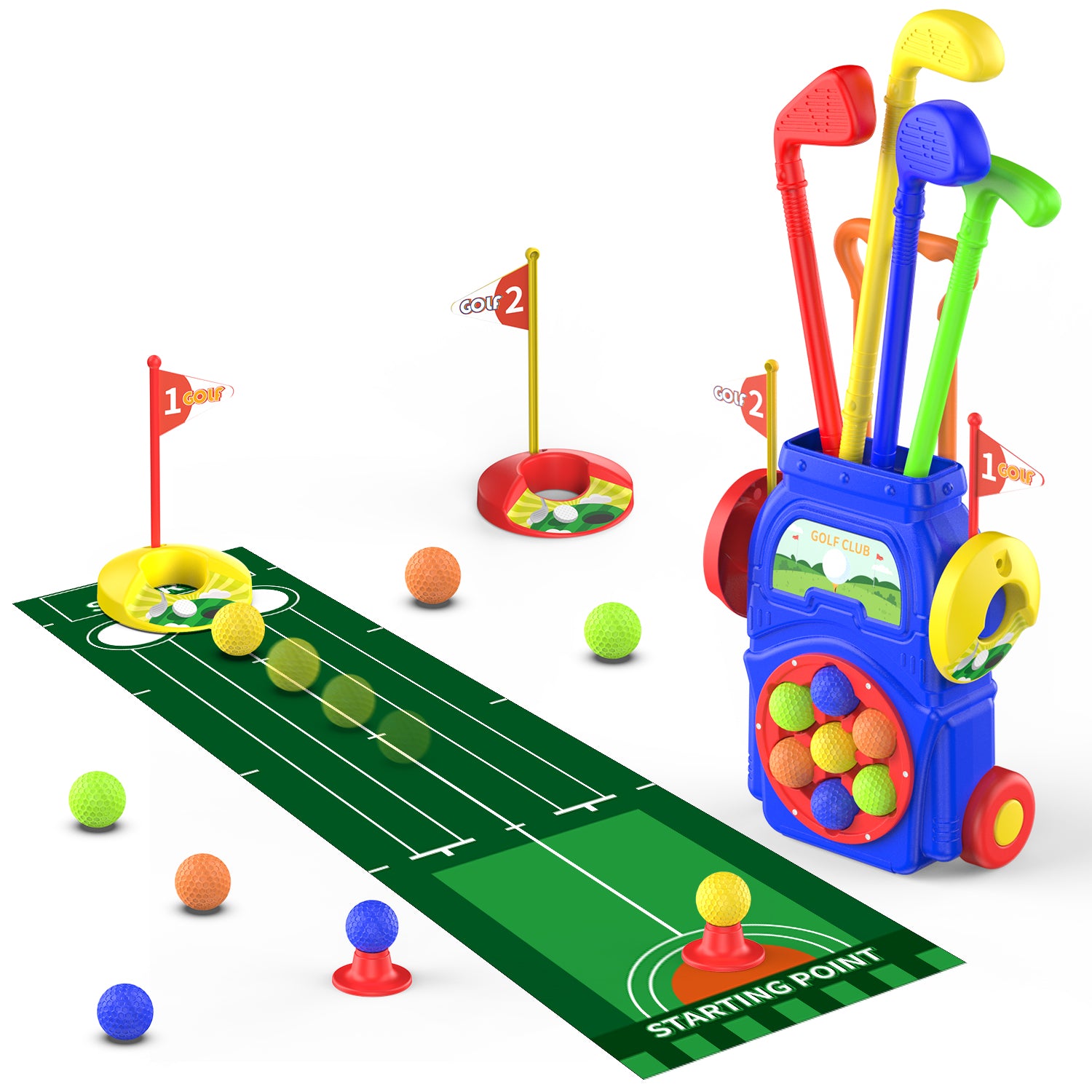 Toddler Golf Set for Boys & Girls Ages 2 3 4 5, Kids Golf Clubs with Putting Mat, Golf Cart, 7 Balls, 4 Golf Clubs, 2 Practice Holes, Indoor & Outdoor Toy Sports Gift