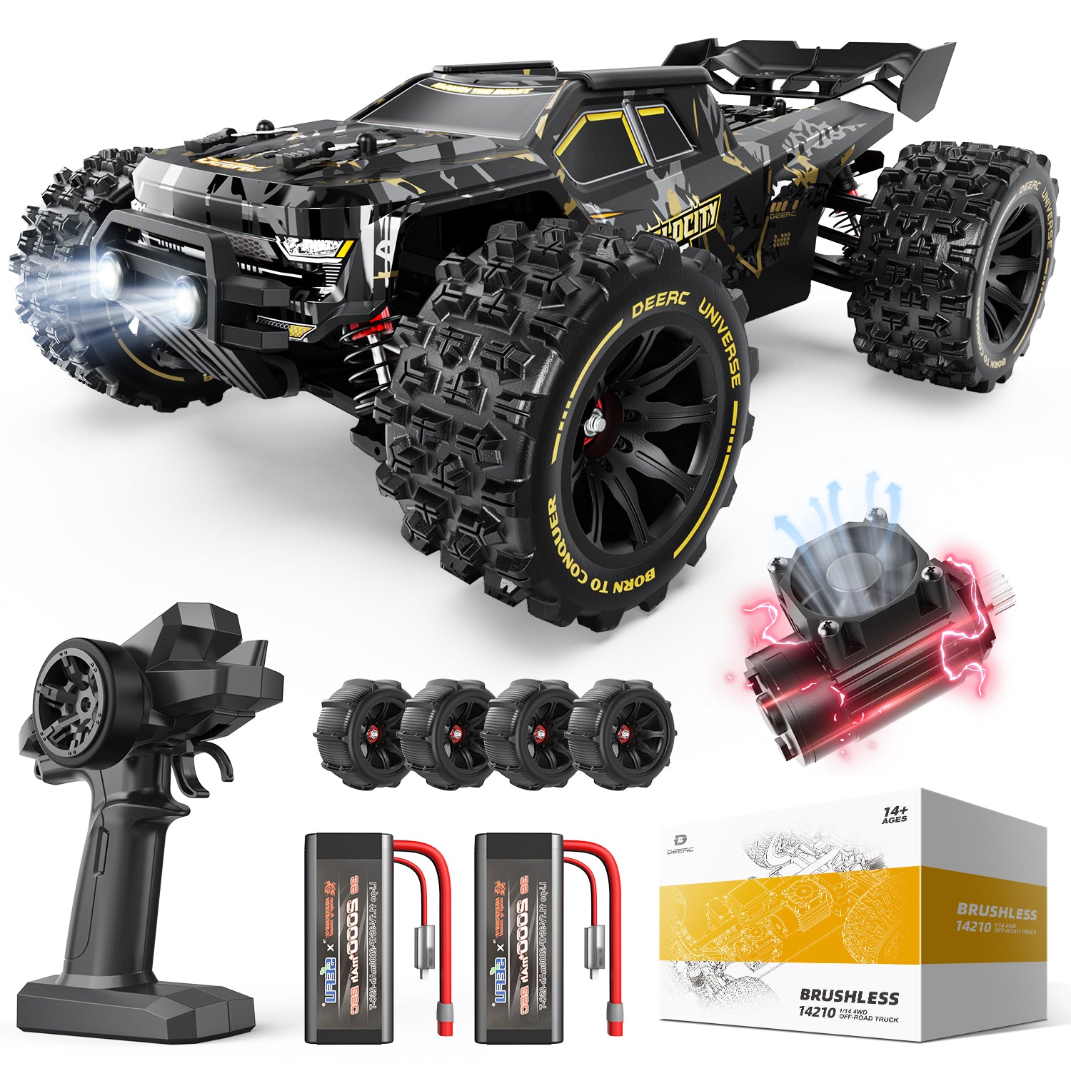 DEERC 1/14 Fast Brushless RC Cars for Adults & Boys, Max 50+ MPH, 2 3S Lipo Batteries 4x4 Waterproof RC Truck, High Speed Offroad Remote Control Car, All Terrain RC Truggy for Snow,Sand & Mud