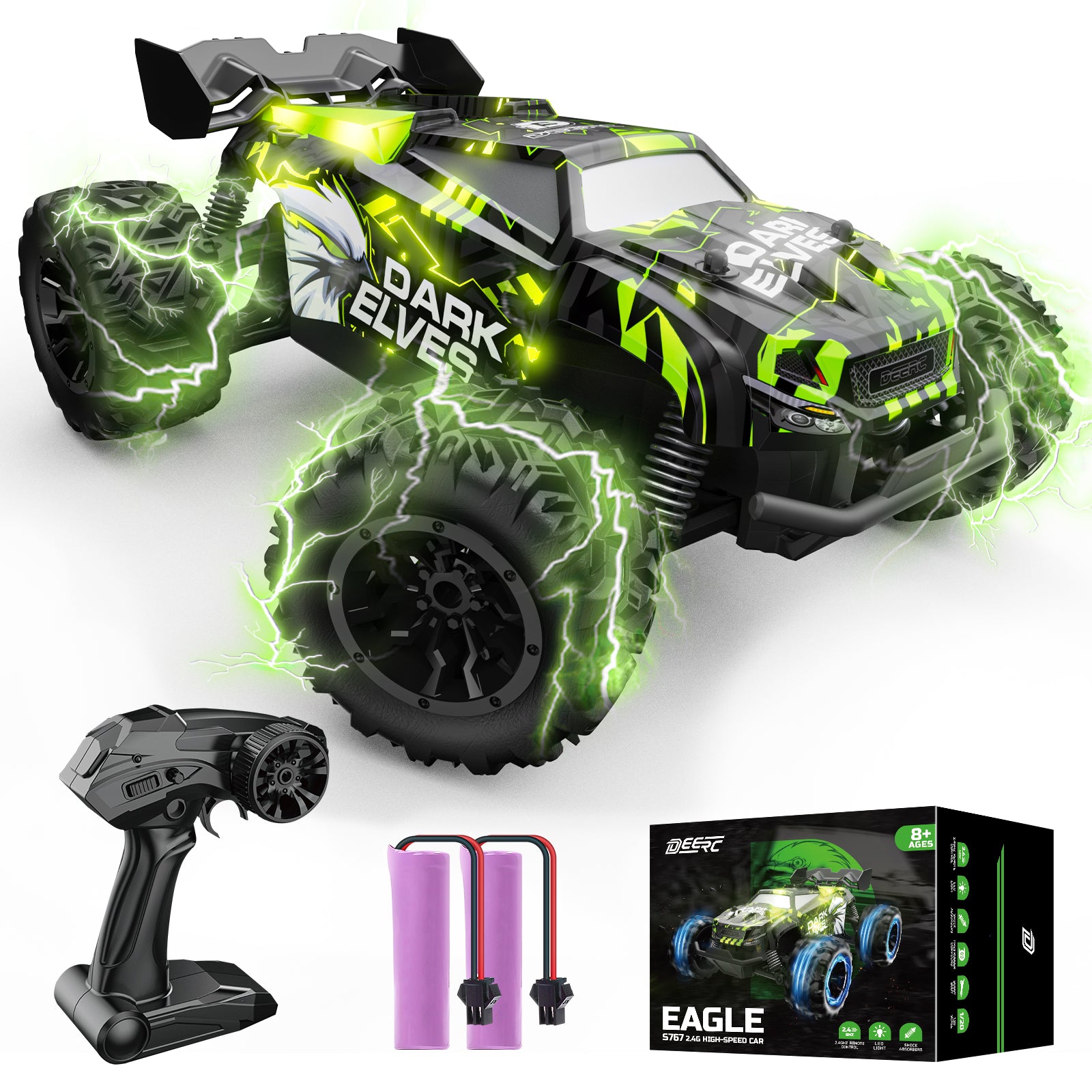 DEERC Remote Control Car, Glowing Eagle RC Cars for Boys Age 8-12 W/ 2 Rechargeable Batteries for 40 Min Play, 2.4Ghz All Terrain Off-Road RC Monster Truck Toys for Kids Birthday Xmas Gift