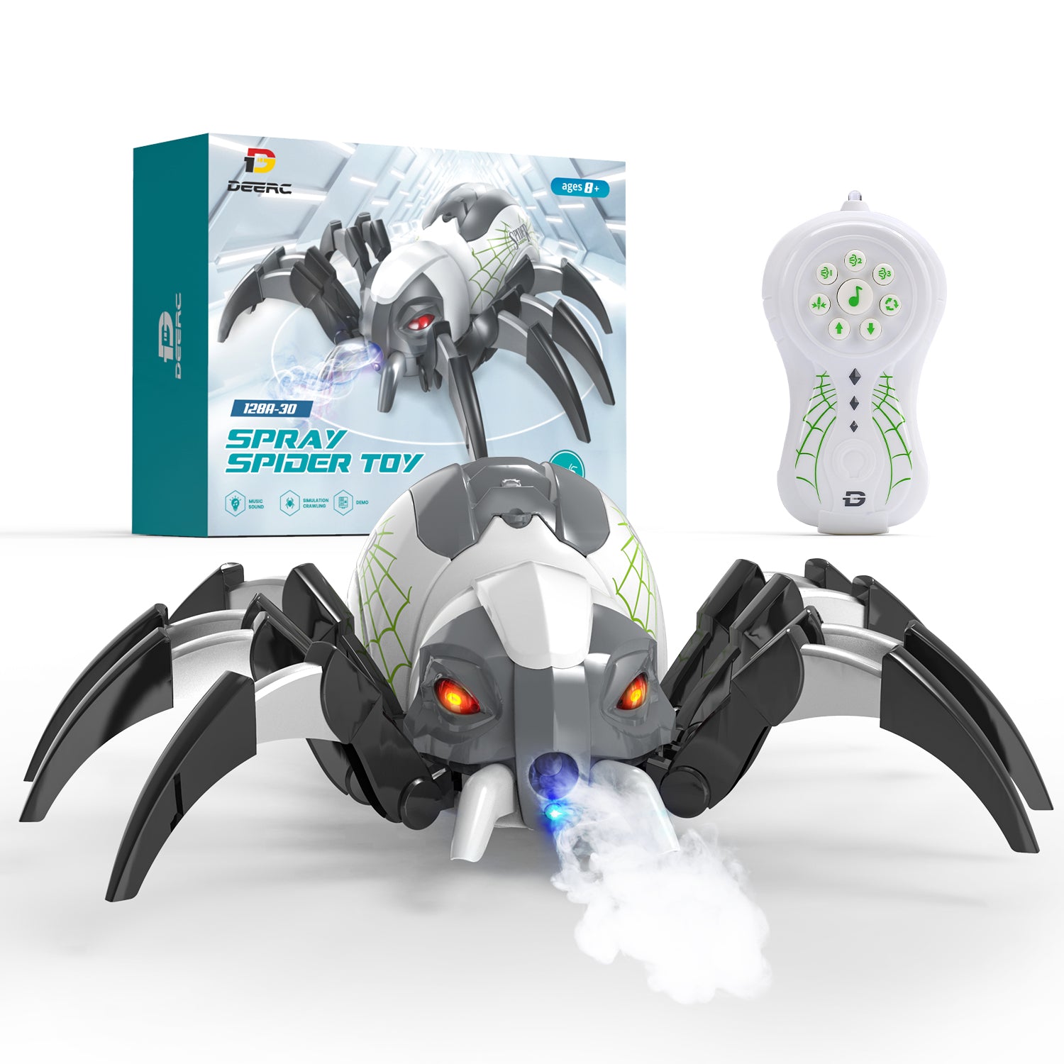 DEERC 128A Remote Control Spider, RC Moving Spider Robot Toys for Kids, Halloween Gifts for Birthday Party Joke Pranks, Wireless Remote Controlled Spider with Real Music Effect & LED Light