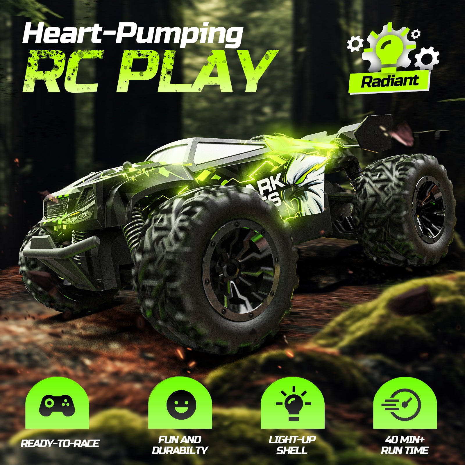 DEERC Remote Control Car, Glowing Eagle RC Cars for Boys Age 8-12 W/ 2 Rechargeable Batteries for 40 Min Play, 2.4Ghz All Terrain Off-Road RC Monster Truck Toys for Kids Birthday Xmas Gift