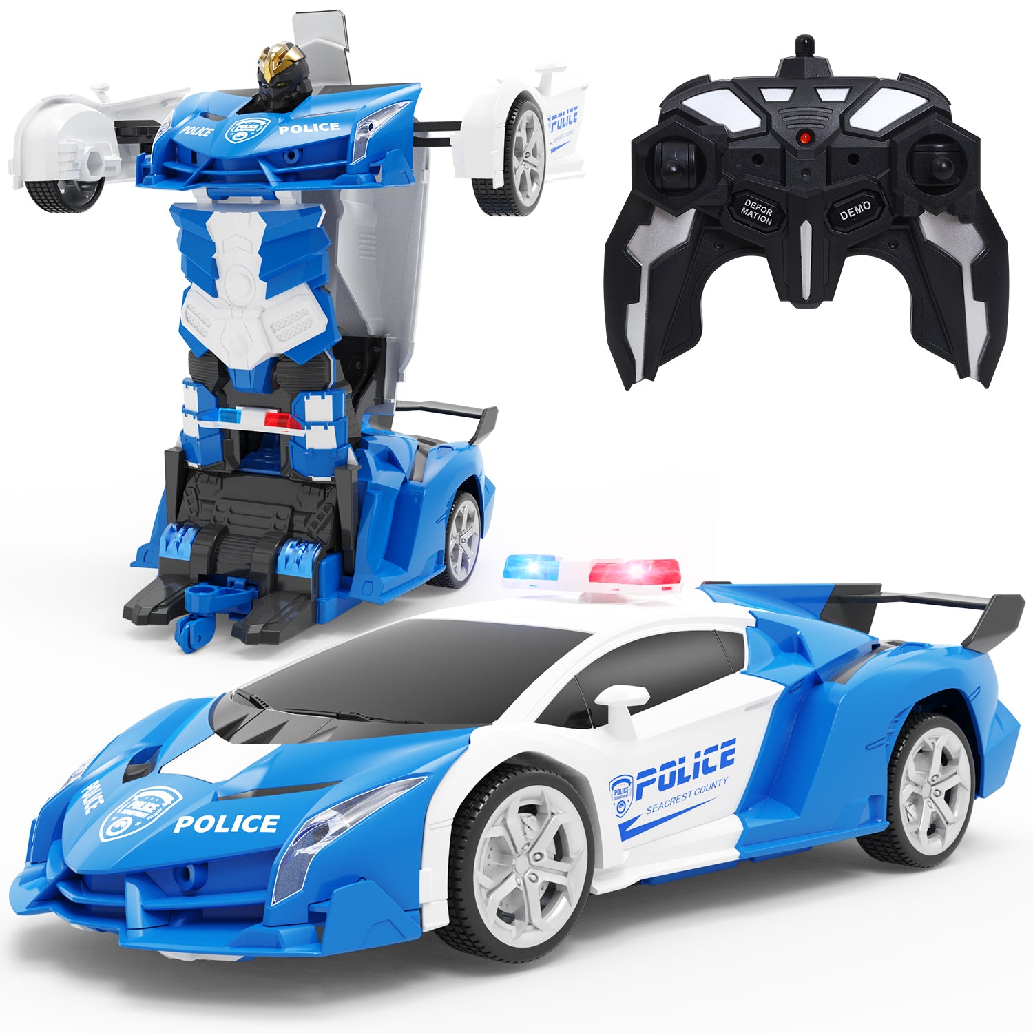 DEERC Transform Remote Control Car,2.4GHz Robot RC Cars,1:18 Scale Police Car Toy One-Button Deformation & 360° Rotating Drifting for Kids Boys Age 4-7 8-12 Birthday Xmas Gift