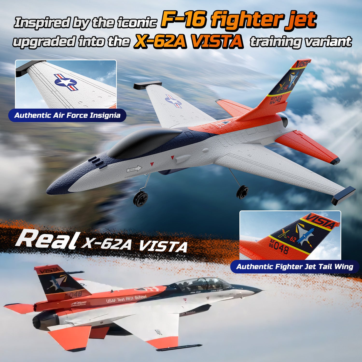 DEERC F16 Style RC flygplan (X-62A Vista), 4-kanals fjärrstyrt flygplan, fjärrkontrolljet med 6-axlig gyrostabilisator, EPP RTF, hobbysegelflygplan, lätt att flyga, vuxna och pojkar