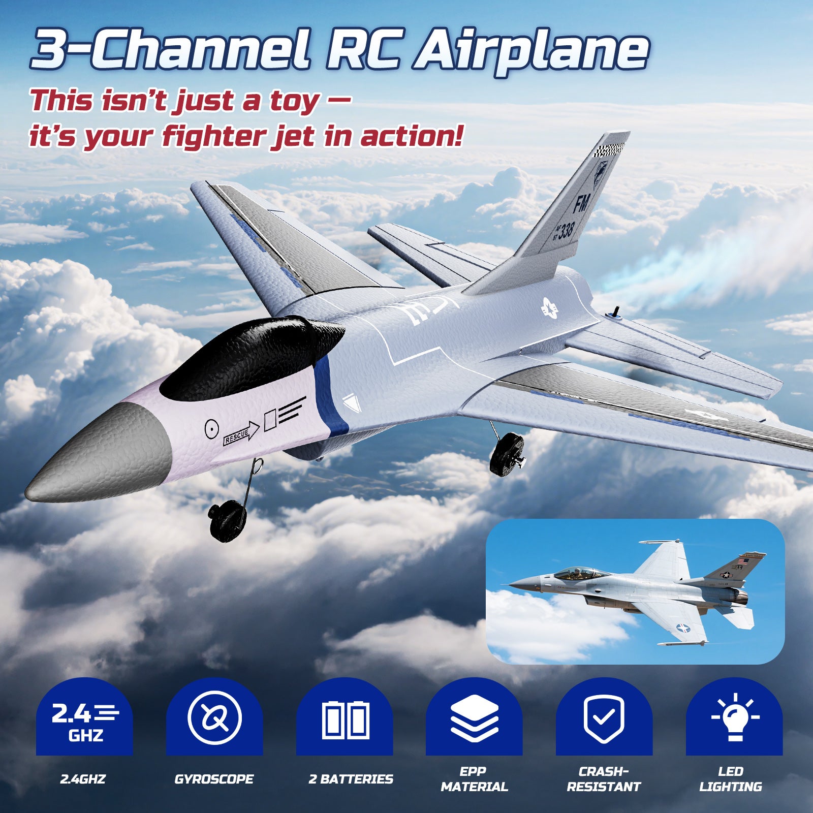 DEERCF16 Fighting Falcon RC Plane,3CH Remote Control Airplane Fighter Toys,2.4GHz 6-axis Gyro Stabilizer RTF Glider Aircraft Plane with 2 Batteries,Easy to Fly for Beginners Kids Adults