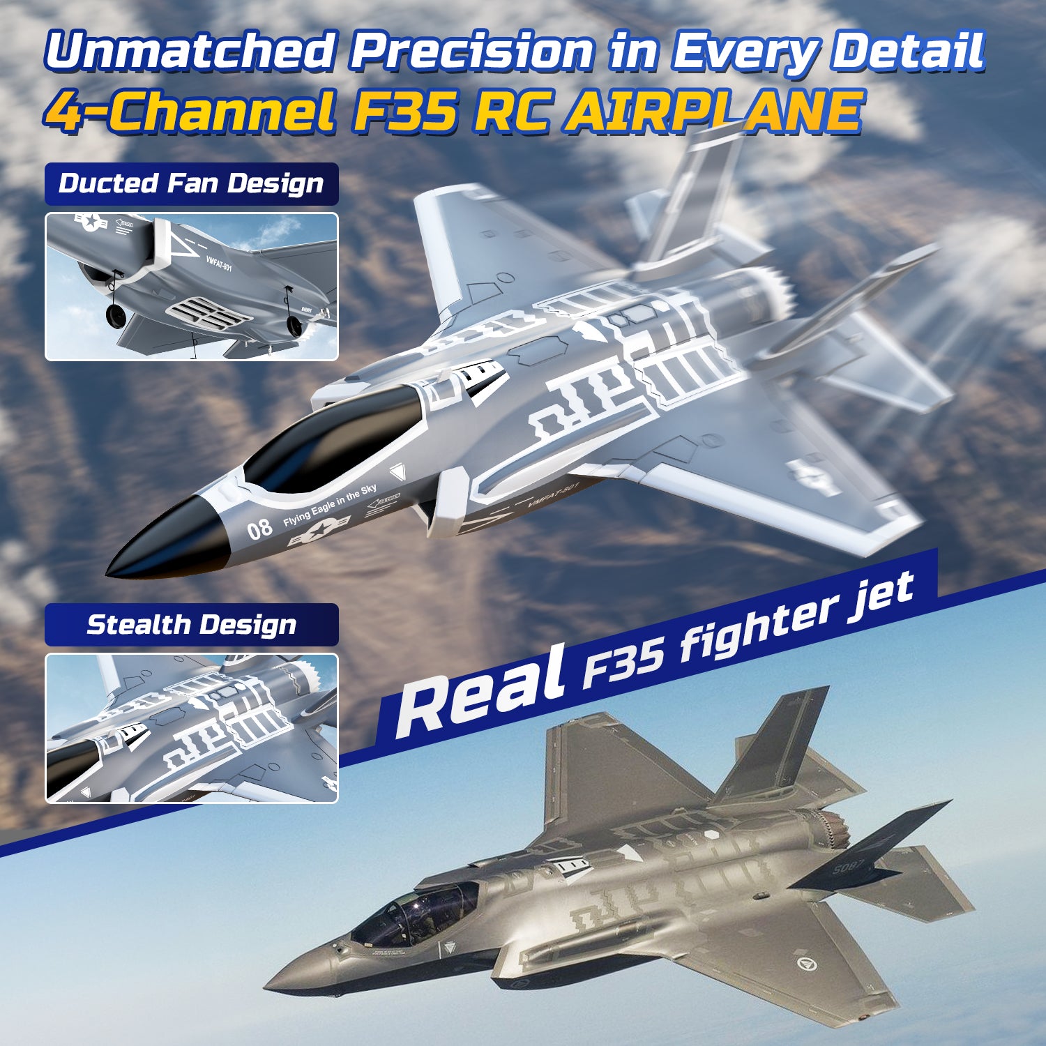 DEERC F35 4 Channel Brushless RC Plane for Adults Remote Control Airplane Ducted Fans Fighter Jet,2.4GHz 6-axis Gyro Stabilizer RTF Hobby Glider Aircraft Plane Easy to Fly for Advance Player