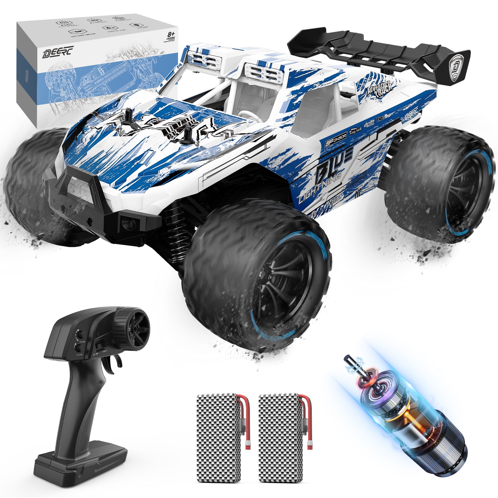 DEERC 1:14 All Terrain RC Cars, 40KPH High Speed Off Road RC Truck,4WD Remote Control Car with 2 Li-ion Batteries, Fast Extreme Monster Truck Toys Gifts for Kids and Adults