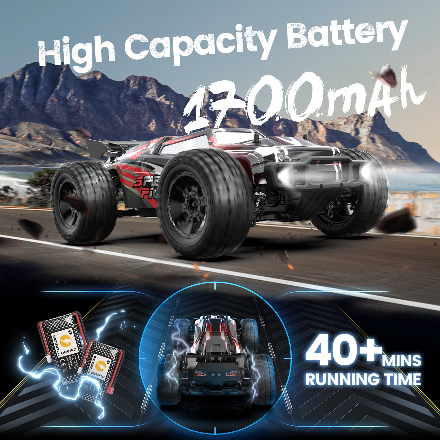 DEERC 9206E DIY Extra Shell 1:10 Scale Large RC Cars,48+ KM/H Hobby Grade High Speed Remote Control Car for Adults Boys,All Terrain 4WD 2.4GHz Off Road Monster RC Truck with 2 Battery for 40+ Min Play