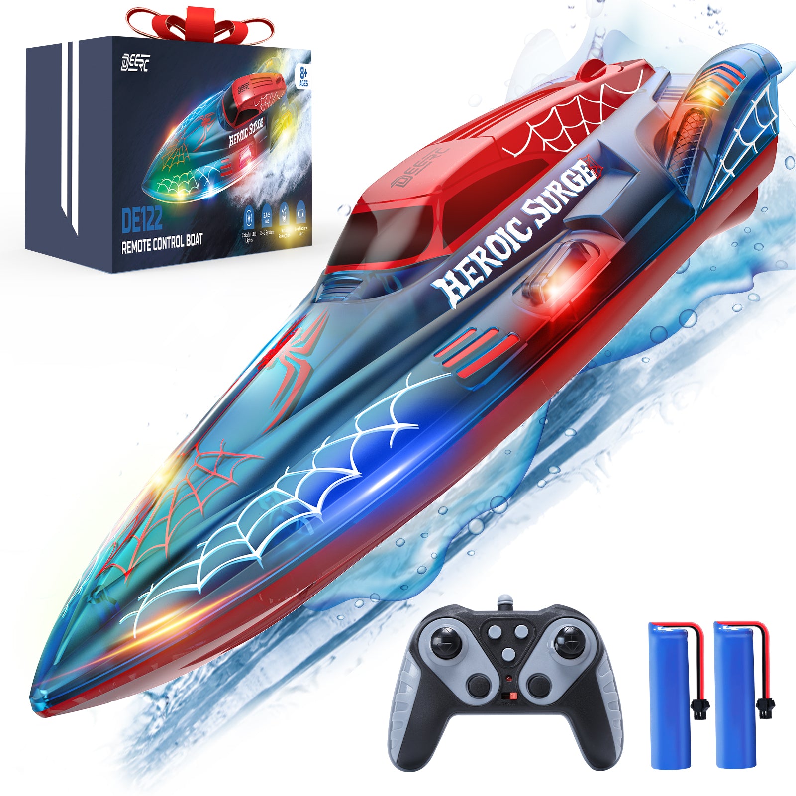 DEERC 13 inch Remote Control Boat for Kids, 2.4Ghz RC Spider Boat with LED Lights for Pools and Lakes, Summer Water Toy Gift for Boys 8-12, 2 Batteries