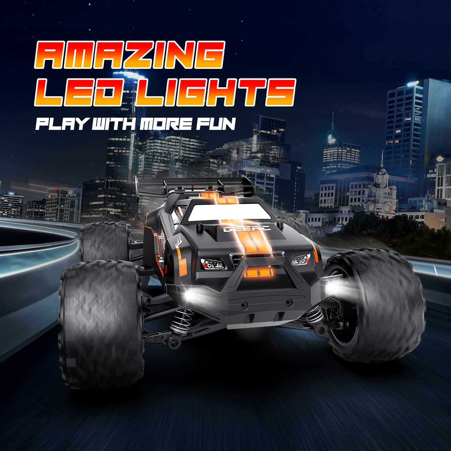 DEERC 9000E 1:14 Scale Remote Control Car with LED Shell Light, Upgraded 40 KM/H High Speed RC Truck for Adults Boys, 4WD All Terrain Off Road Monster Truck with 2 Rechargeable Battery for 40+Min Play