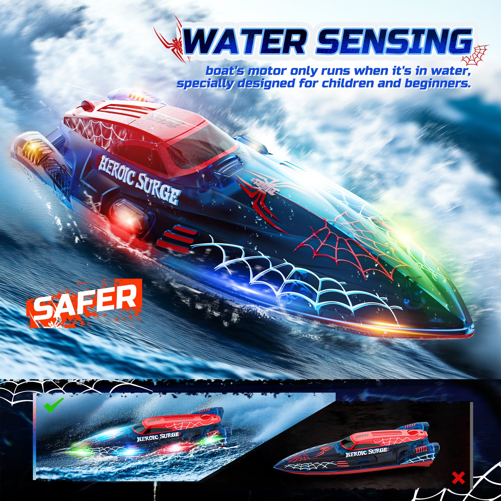 DEERC 13 inch Remote Control Boat for Kids, 2.4Ghz RC Spider Boat with LED Lights for Pools and Lakes, Summer Water Toy Gift for Boys 8-12, 2 Batteries