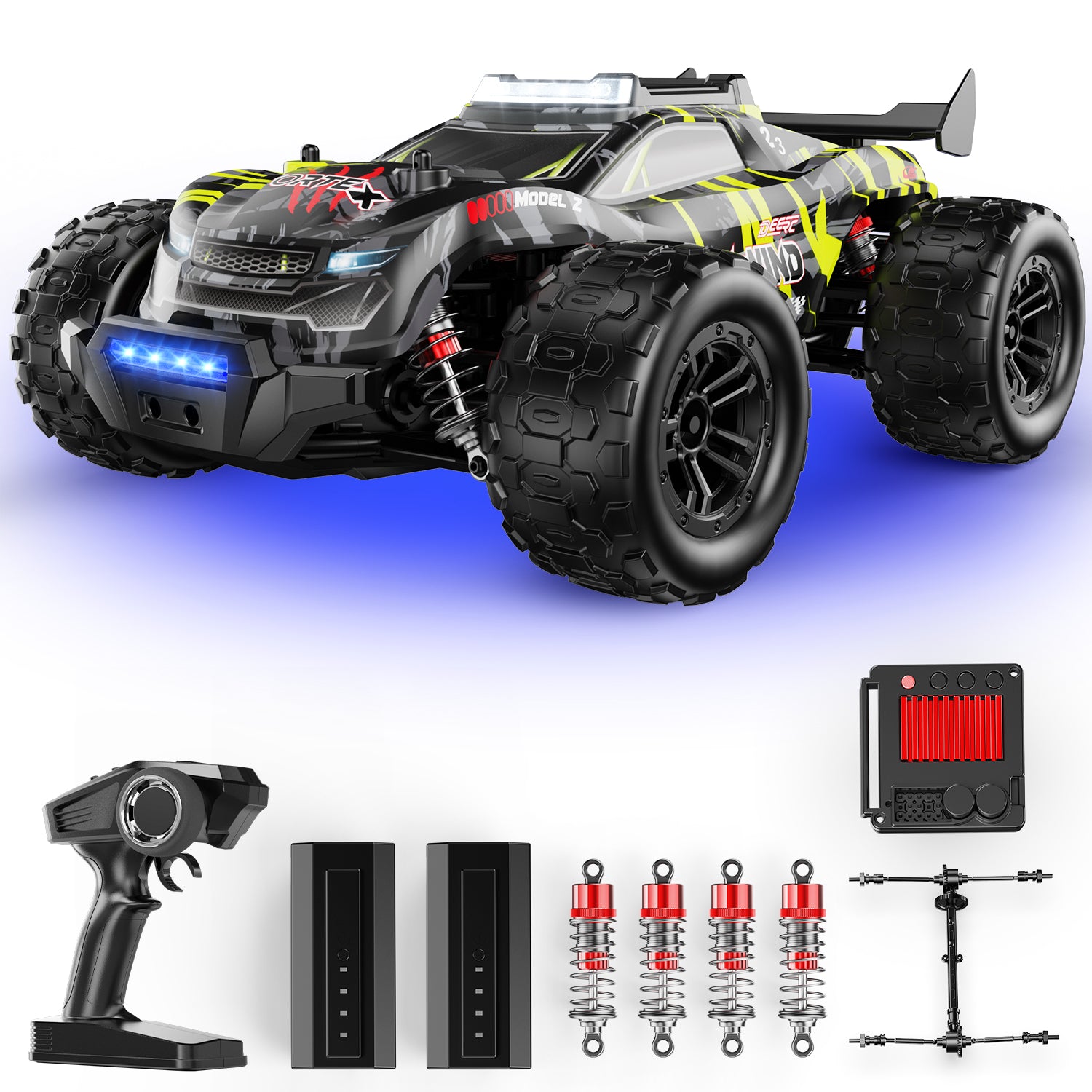 DEERC Brushless RC Car for Adults 1:14, Max 43mph RC Truck, 4WD Off-Road Monster Truck with 7-Color Lights & 3 Light Modes, Metal Oil Shocks, 2*7.4V Batteries, All-Metal Drivetrain, Compatible 3S Lipo