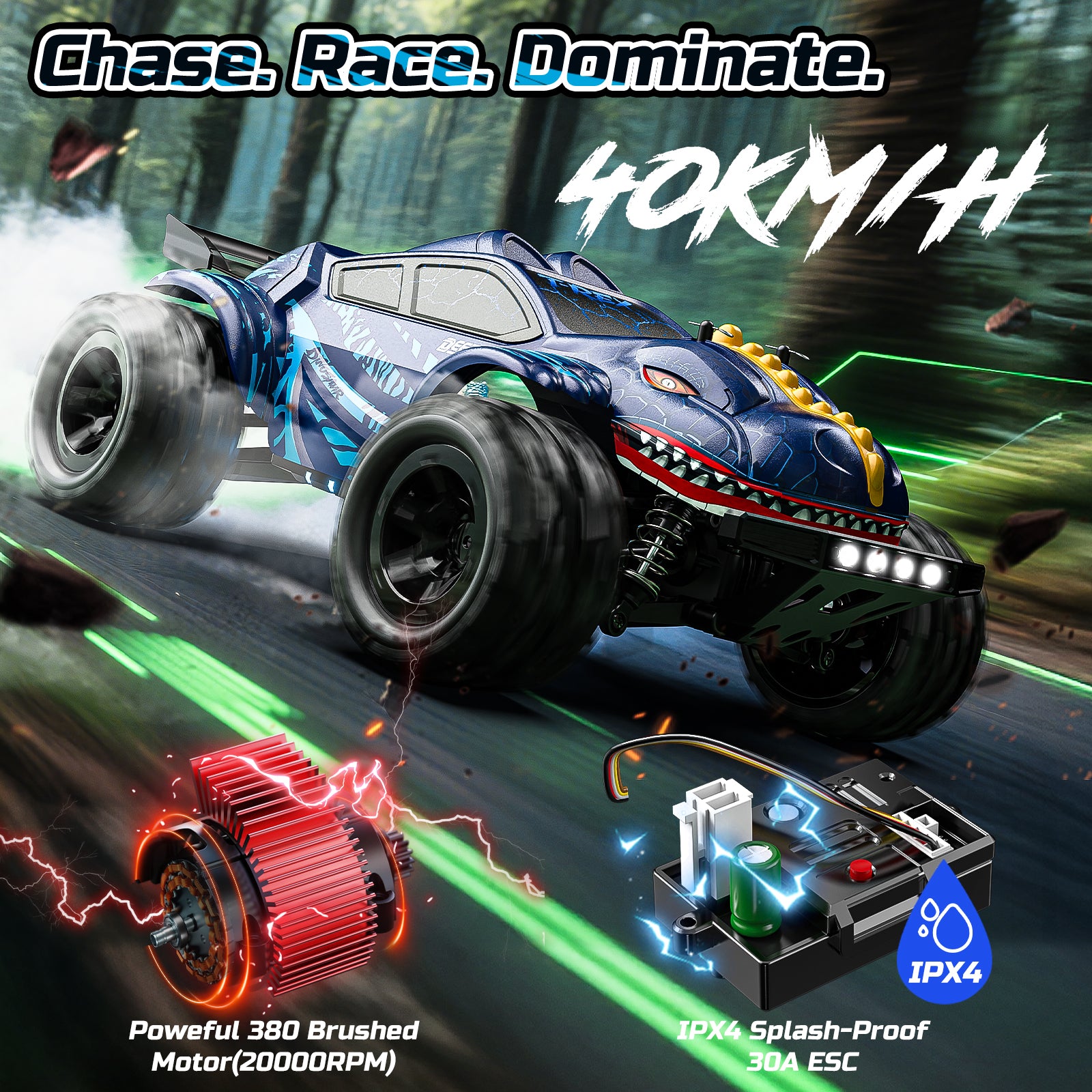 DEERC 9308E 1:16 Fast RC Cars for Boys Age 8-12 RC Monster Truck 40 KPH,All Terrain 4WD High Speed Dinosaur Truck 2 Car Shell,2.4Ghz Off-Road Remote Control Cars with 2 Batteries, Toy Gift for Kids