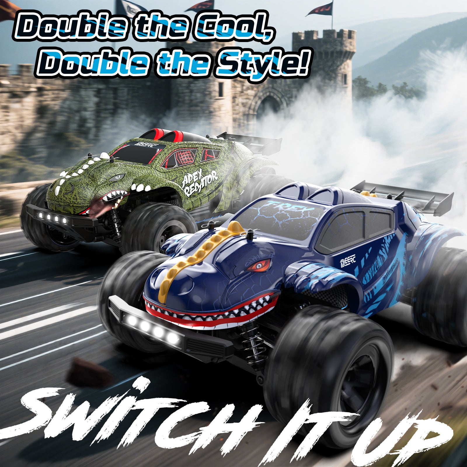 DEERC 9308E 1:16 Fast RC Cars for Boys Age 8-12 RC Monster Truck 40 KPH,All Terrain 4WD High Speed Dinosaur Truck 2 Car Shell,2.4Ghz Off-Road Remote Control Cars with 2 Batteries, Toy Gift for Kids