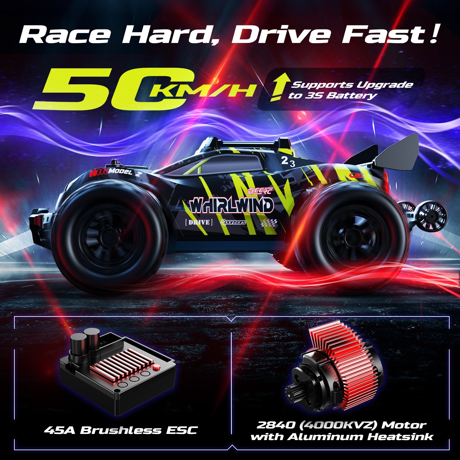 DEERC Brushless RC Car for Adults 1:14, Max 43mph RC Truck, 4WD Off-Road Monster Truck with 7-Color Lights & 3 Light Modes, Metal Oil Shocks, 2*7.4V Batteries, All-Metal Drivetrain, Compatible 3S Lipo