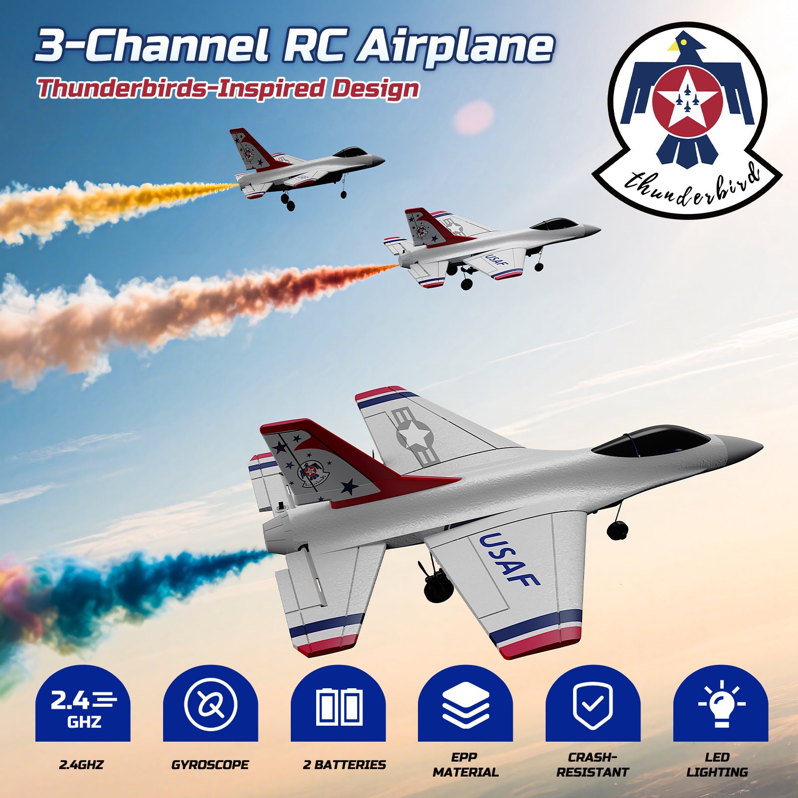 DEERC F16 Thunderbirds RC Plane,3CH Remote Control Airplane Fighter Toys,2.4GHz 6-axis Gyro Stabilizer RTF Glider Aircraft Plane with 2 Batteries,Easy to Fly for Beginners Kids Adults