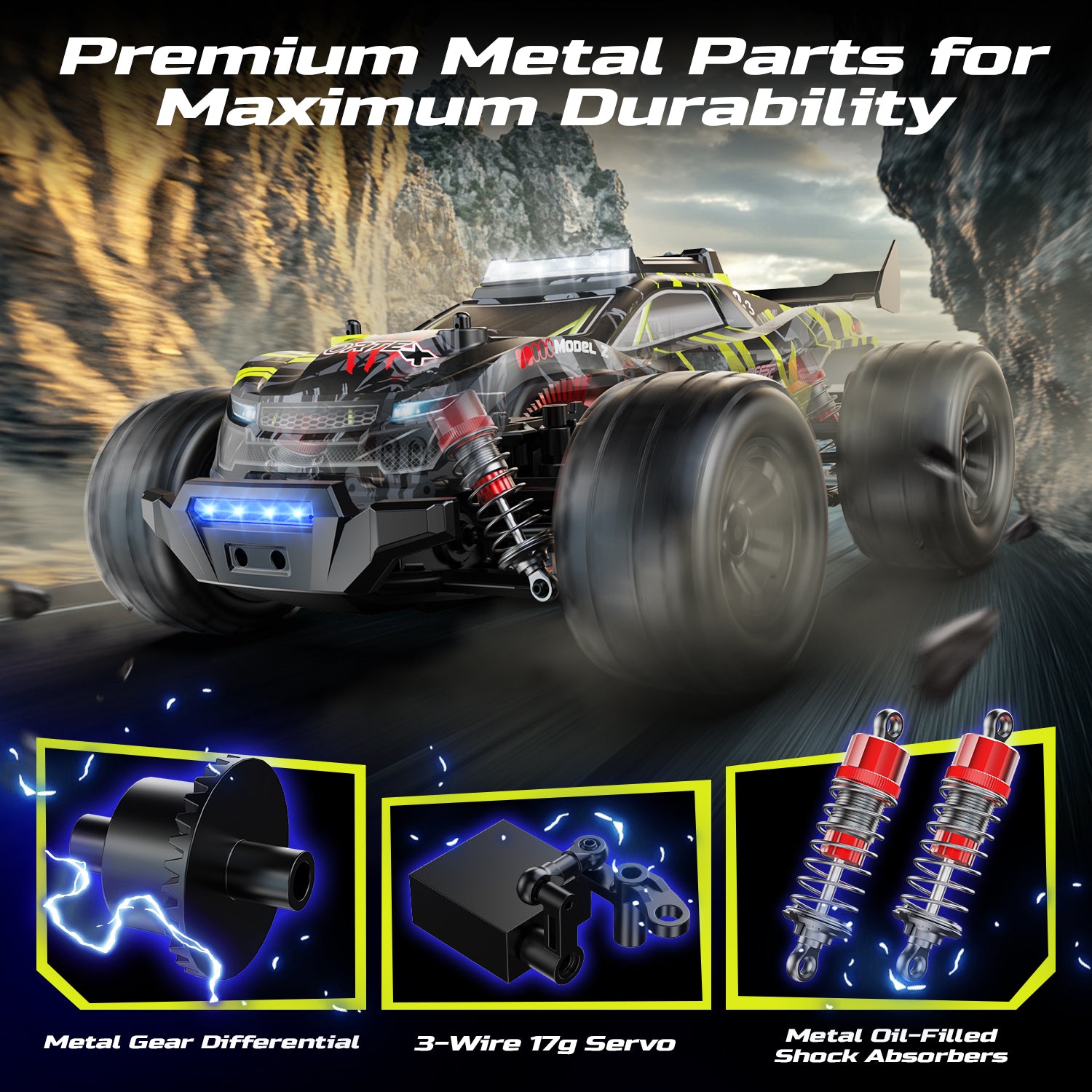 DEERC Brushless RC Car for Adults 1:14, Max 43mph RC Truck, 4WD Off-Road Monster Truck with 7-Color Lights & 3 Light Modes, Metal Oil Shocks, 2*7.4V Batteries, All-Metal Drivetrain, Compatible 3S Lipo