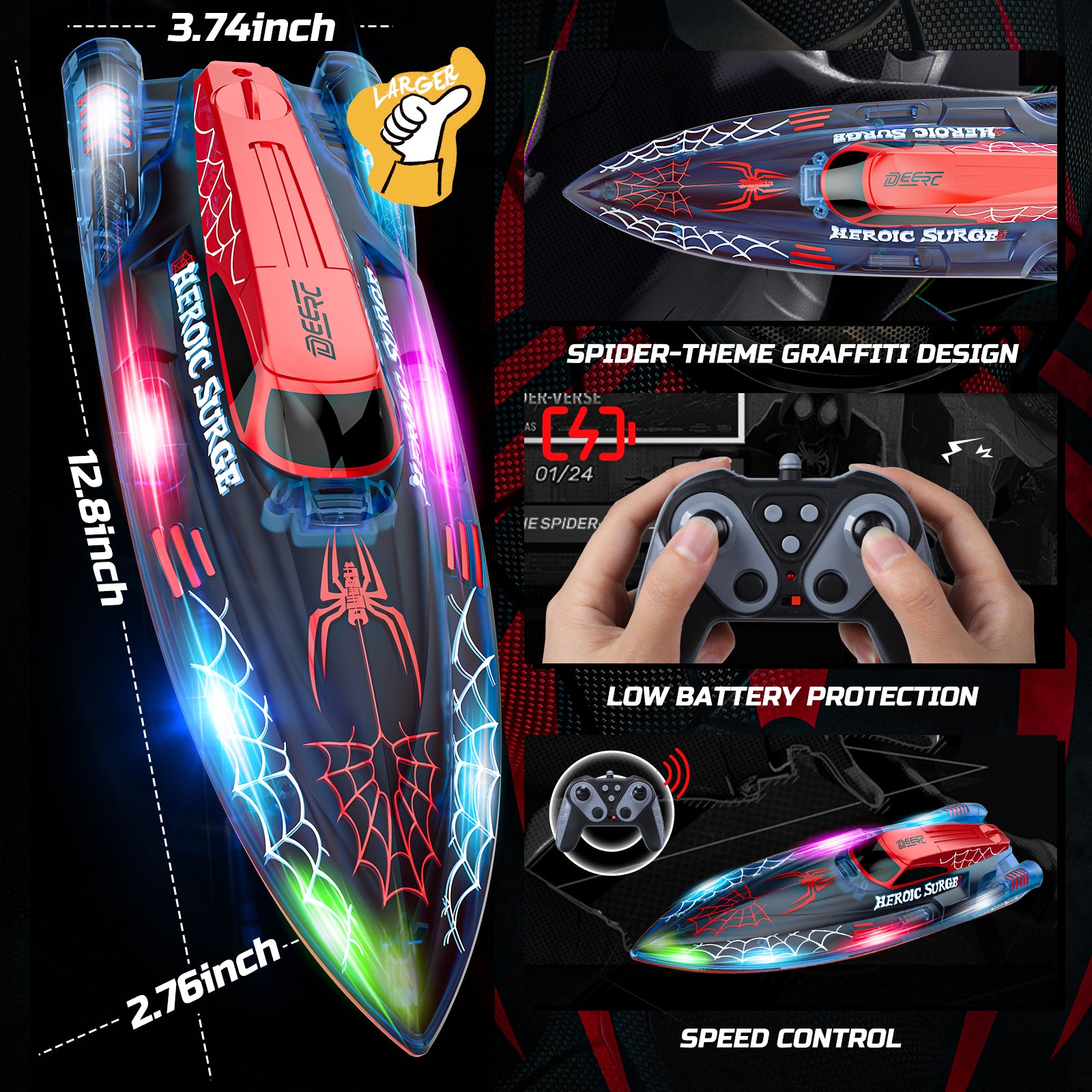 DEERC 13 inch Remote Control Boat for Kids, 2.4Ghz RC Spider Boat with LED Lights for Pools and Lakes, Summer Water Toy Gift for Boys 8-12, 2 Batteries