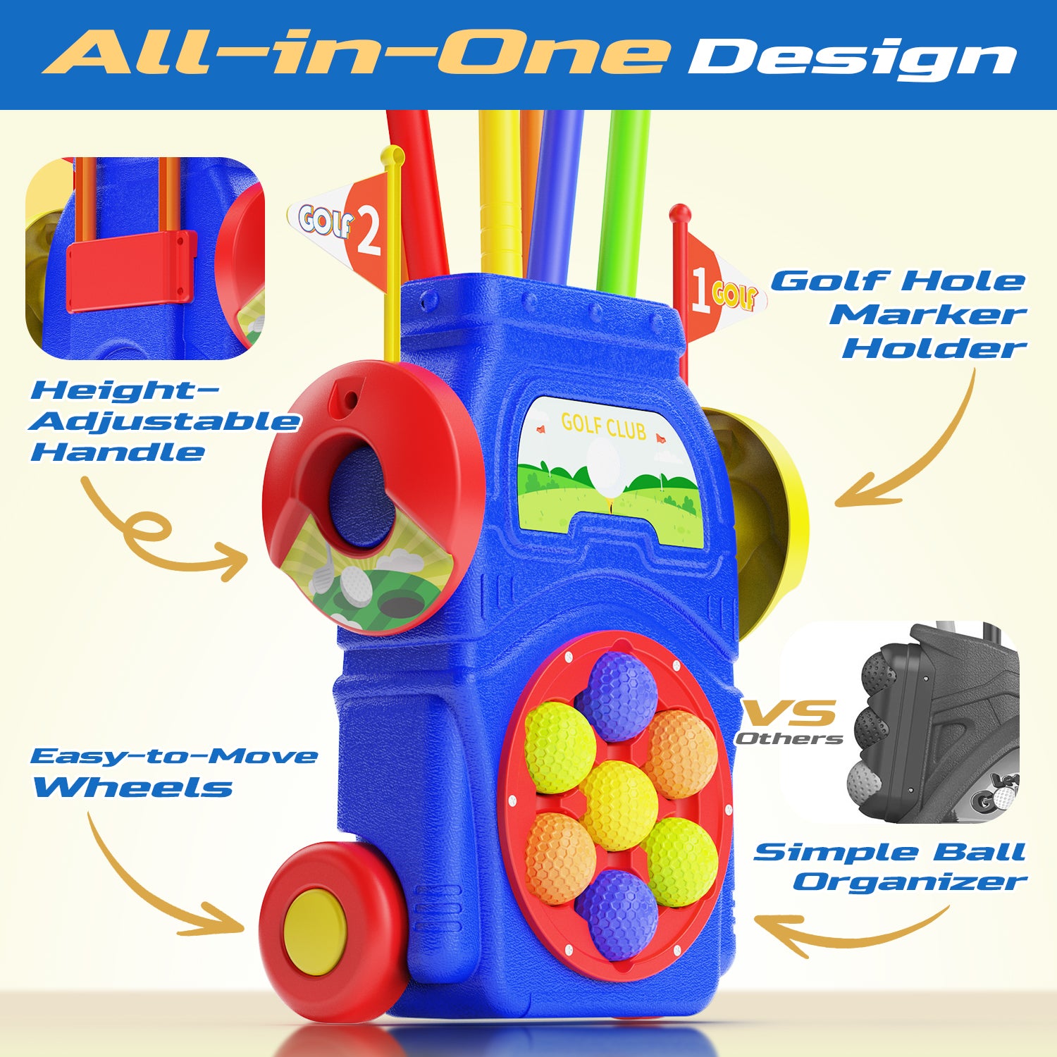 Toddler Golf Set for Boys & Girls Ages 2 3 4 5, Kids Golf Clubs with Putting Mat, Golf Cart, 7 Balls, 4 Golf Clubs, 2 Practice Holes, Indoor & Outdoor Toy Sports Gift