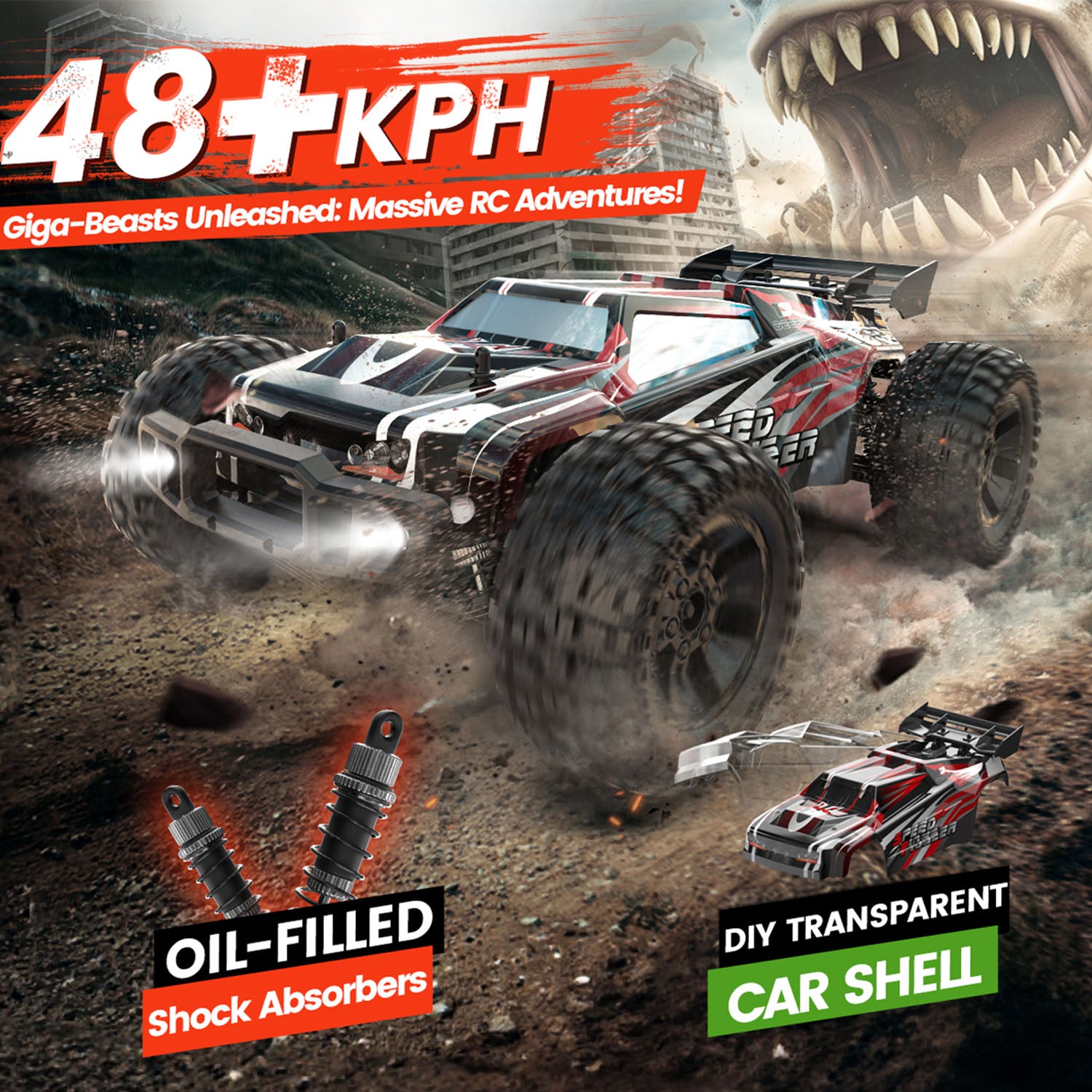 DEERC 9206E DIY Extra Shell 1:10 Scale Large RC Cars,48+ KM/H Hobby Grade High Speed Remote Control Car for Adults Boys,All Terrain 4WD 2.4GHz Off Road Monster RC Truck with 2 Battery for 40+ Min Play