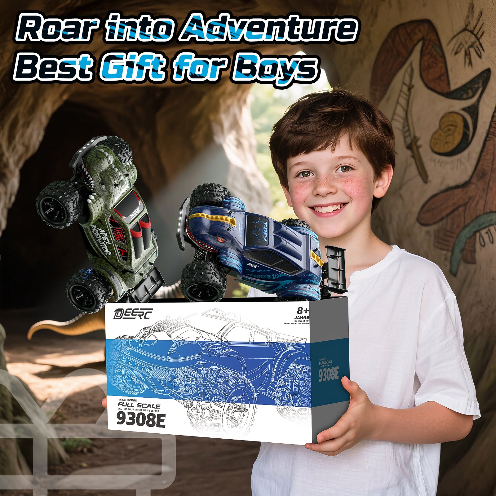 DEERC 9308E 1:16 Fast RC Cars for Boys Age 8-12 RC Monster Truck 40 KPH,All Terrain 4WD High Speed Dinosaur Truck 2 Car Shell,2.4Ghz Off-Road Remote Control Cars with 2 Batteries, Toy Gift for Kids