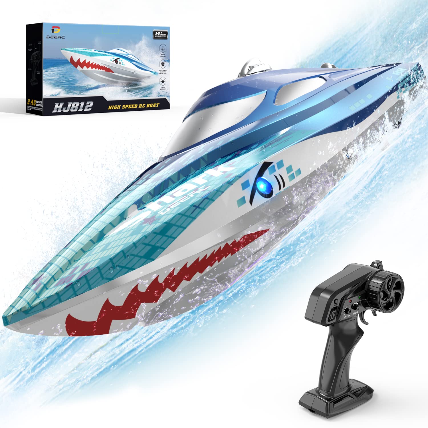 DEERC Full Proportional Remote Control Boat W/Shark Graffiti,High Spee