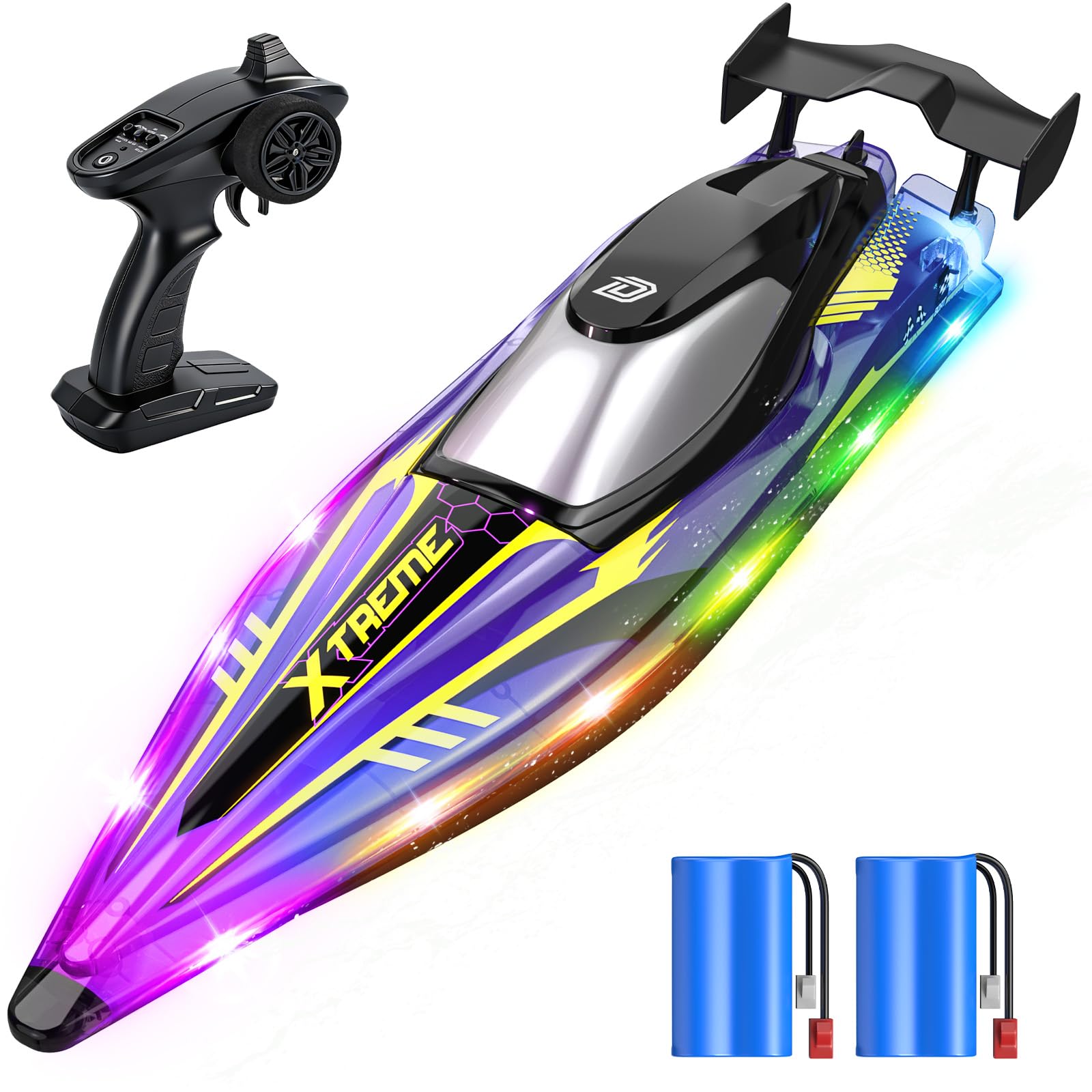 DEERC RC boat with LED lights on water