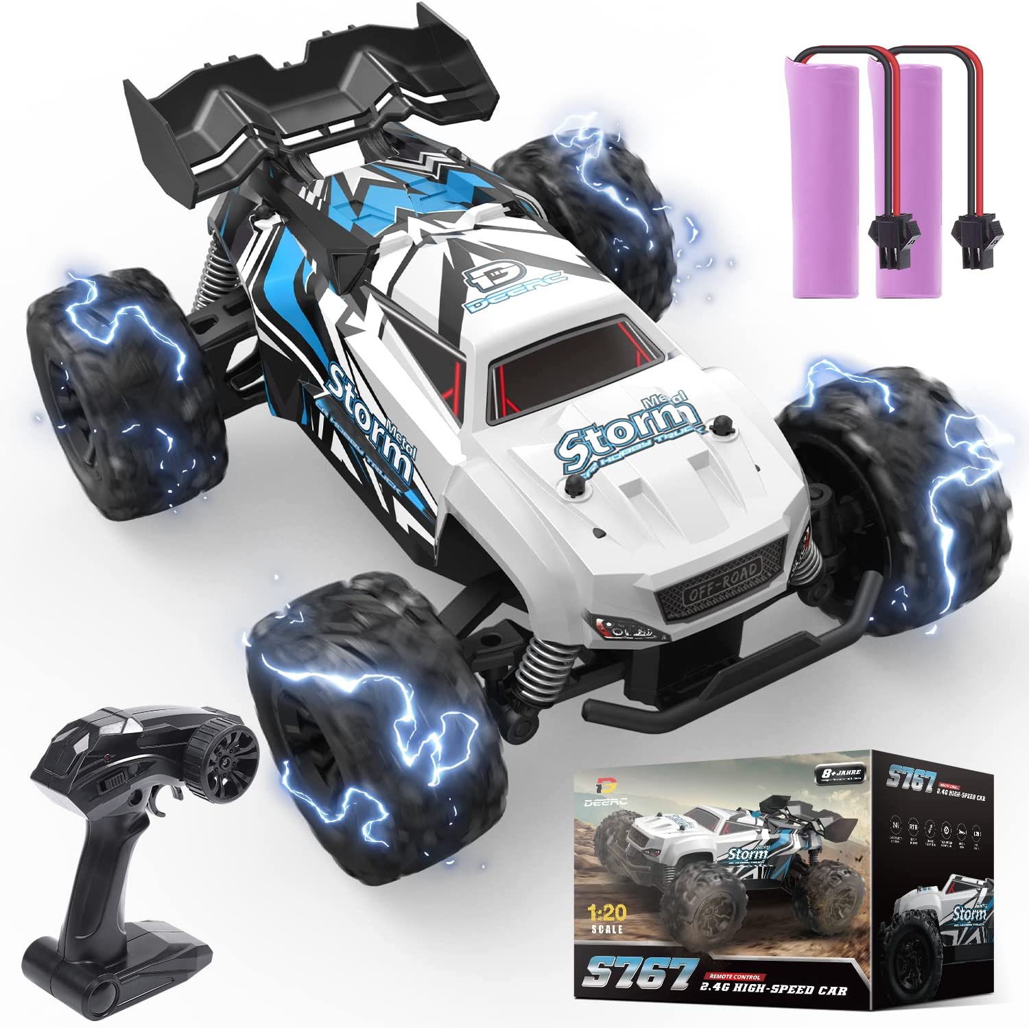 DEERC RC Car, Remote Control Monster Truck W/ 2 Batteries for 40 Min Play, All-Terrain 2.4GHz RTR Rock Crawler Toy Gift for Boys Girls Kids Beginners