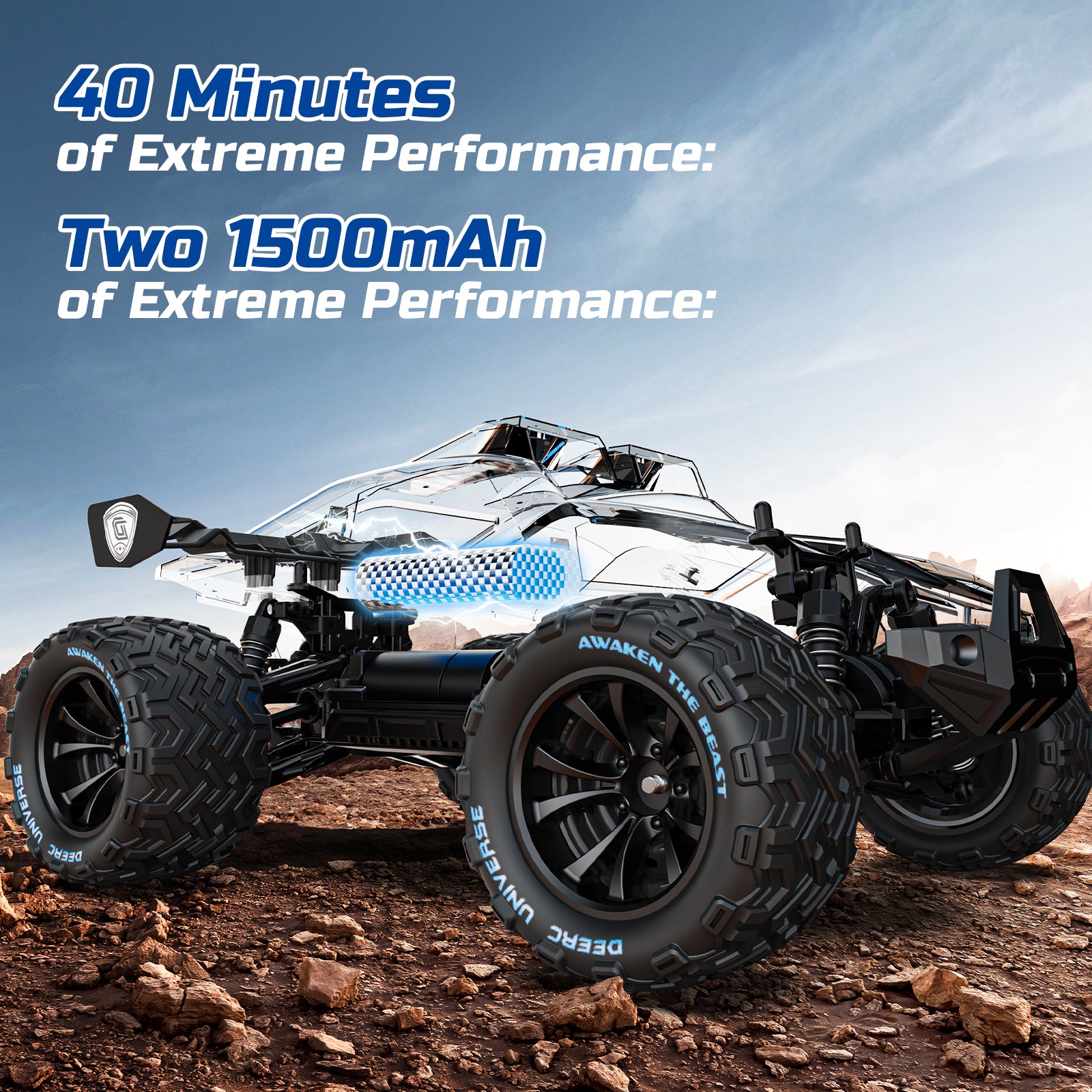 DEERC 1:14 All Terrain RC Cars, 40KPH High Speed Off Road RC Truck,4WD Remote Control Car with 2 Li-ion Batteries, Fast Extreme Monster Truck Toys Gifts for Kids and Adults