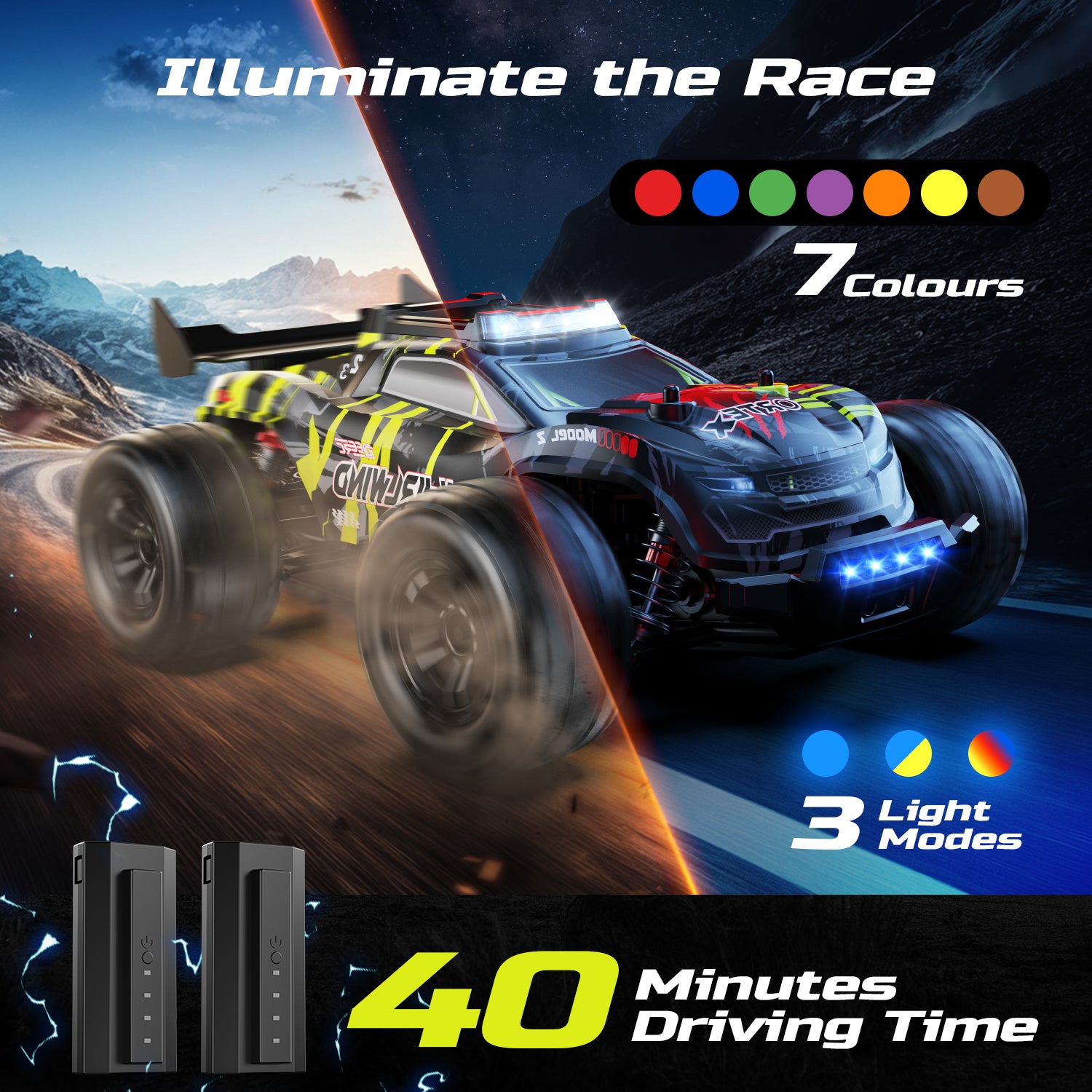DEERC Brushless RC Car for Adults 1:14, Max 43mph RC Truck, 4WD Off-Road Monster Truck with 7-Color Lights & 3 Light Modes, Metal Oil Shocks, 2*7.4V Batteries, All-Metal Drivetrain, Compatible 3S Lipo