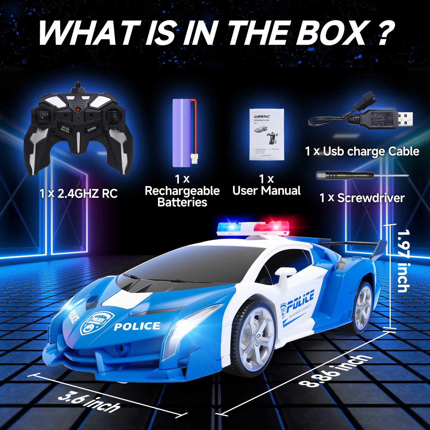 DEERC Transform Remote Control Car,2.4GHz Robot RC Cars,1:18 Scale Police Car Toy One-Button Deformation & 360° Rotating Drifting for Kids Boys Age 4-7 8-12 Birthday Xmas Gift