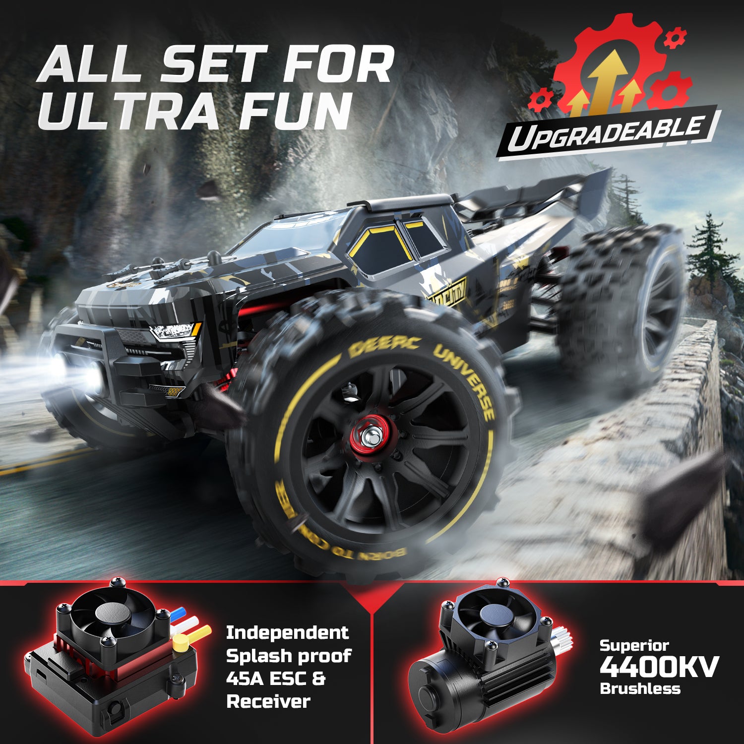 DEERC 1/14 Fast Brushless RC Cars for Adults & Boys, Max 50+ MPH, 2 3S Lipo Batteries 4x4 Waterproof RC Truck, High Speed Offroad Remote Control Car, All Terrain RC Truggy for Snow,Sand & Mud