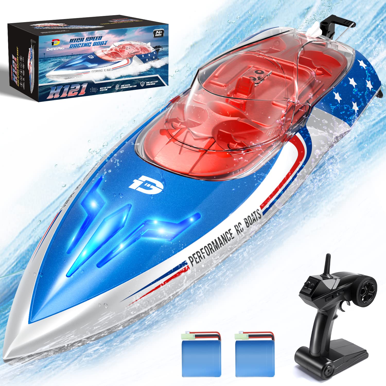 DEERC High Speed RC Boats with LED Lights & 2 Batteries, 20+ mph Remote Control Boat for Pools and Lakes, 2.4Ghz Racing Boats, 492FT, Pool Toys for Kids & Adults, Capsize Recovery, Xmas Gift
