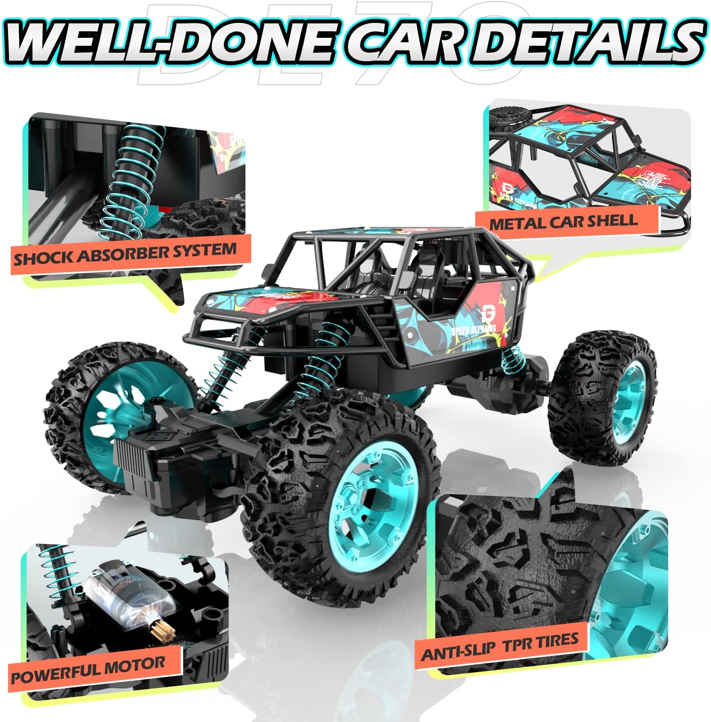 DEERC DE70 Remote Control Truck W/ Metal Shell, 60+ Mins, 2.4G Remote Control Car, 1:22 RC Cars Crawler for Boys, RC Monster Trucks, Toy Vehicle Car Gift for Kids Adults Girls