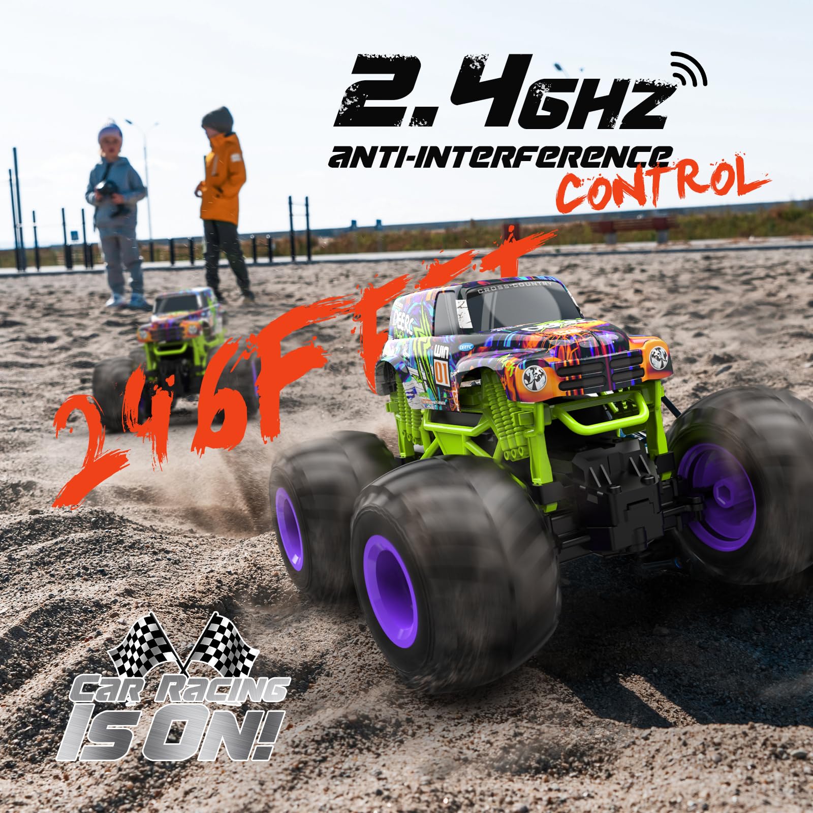 DEERC All Terrain Remote Control Monster Truck Toy,1:16 Scale RC Car for Boys,2.4Ghz High Speed Electric Vehicle,Big Foot RC Truck Gift, RTR Crawler for Kids
